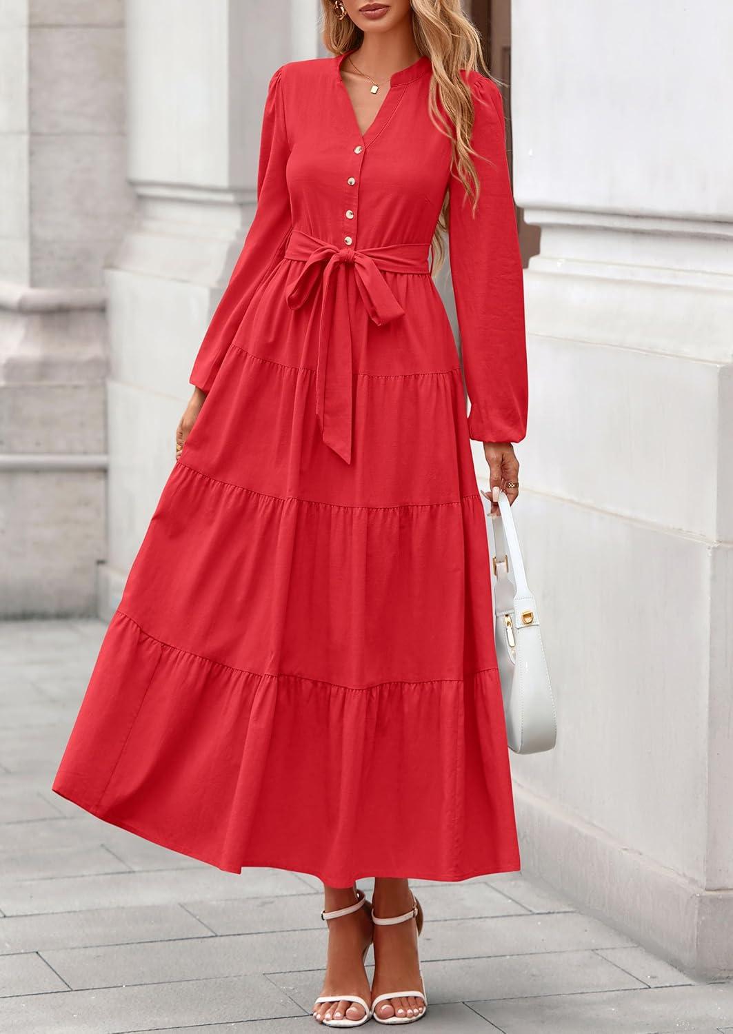imagePRETTYGARDEN Maxi Dresses for Women Spring Long Sleeve V Neck Belted A Line Flowy Boho Wedding Guest Dress PocketsRed
