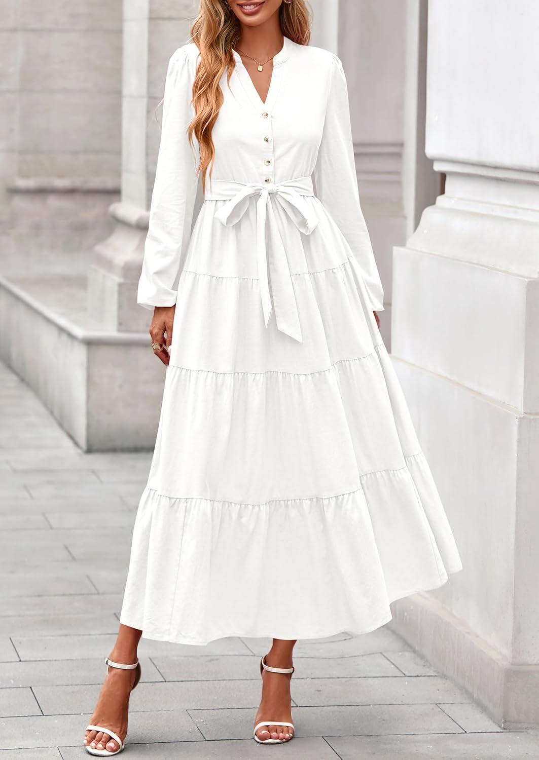 imagePRETTYGARDEN Maxi Dresses for Women Spring Long Sleeve V Neck Belted A Line Flowy Boho Wedding Guest Dress PocketsWhite
