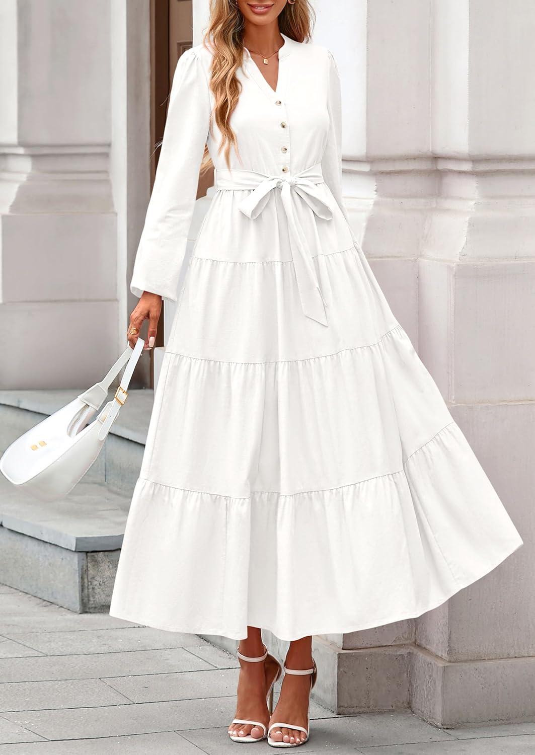 imagePRETTYGARDEN Maxi Dresses for Women Spring Long Sleeve V Neck Belted A Line Flowy Boho Wedding Guest Dress PocketsWhite