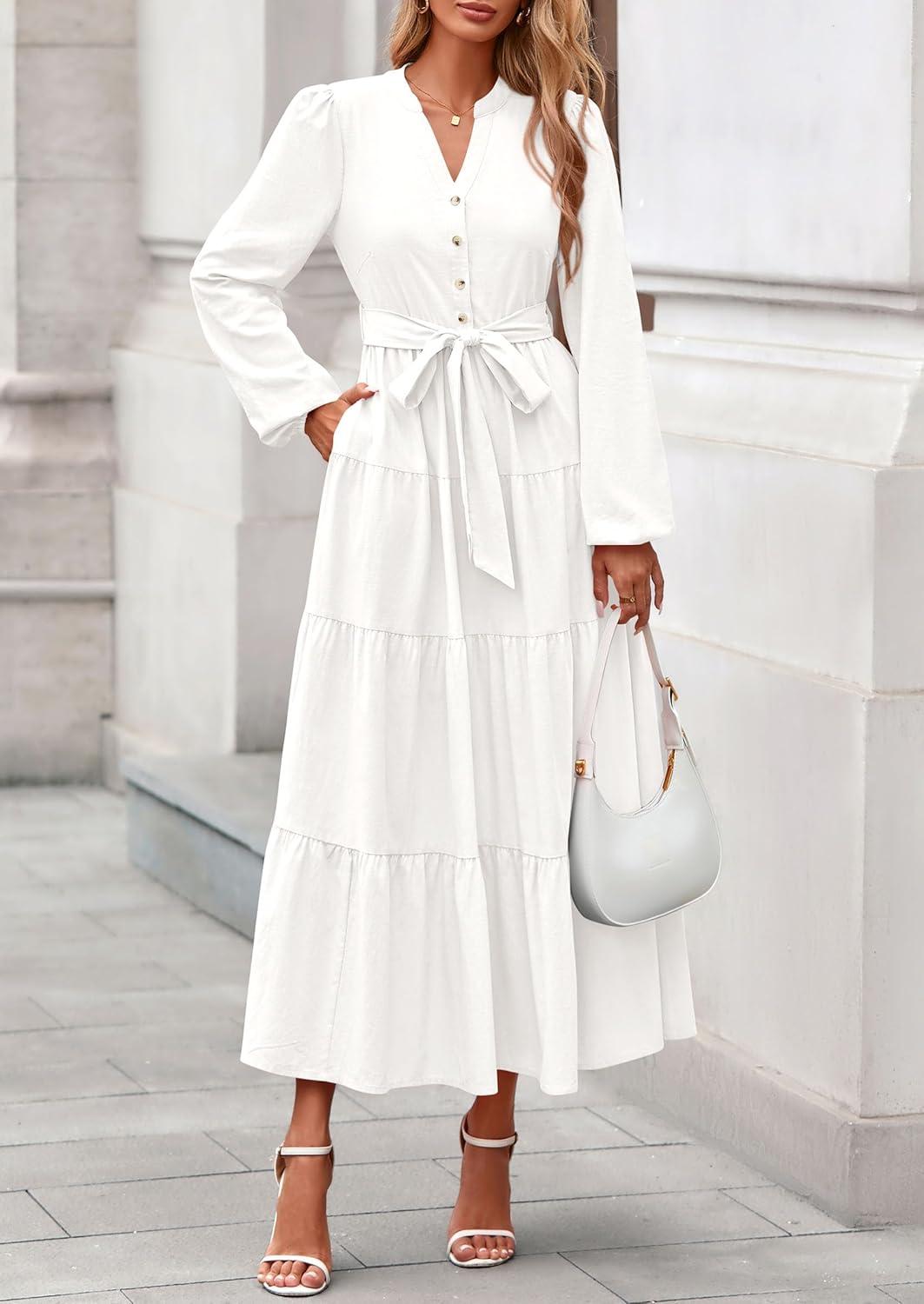 imagePRETTYGARDEN Maxi Dresses for Women Spring Long Sleeve V Neck Belted A Line Flowy Boho Wedding Guest Dress PocketsWhite