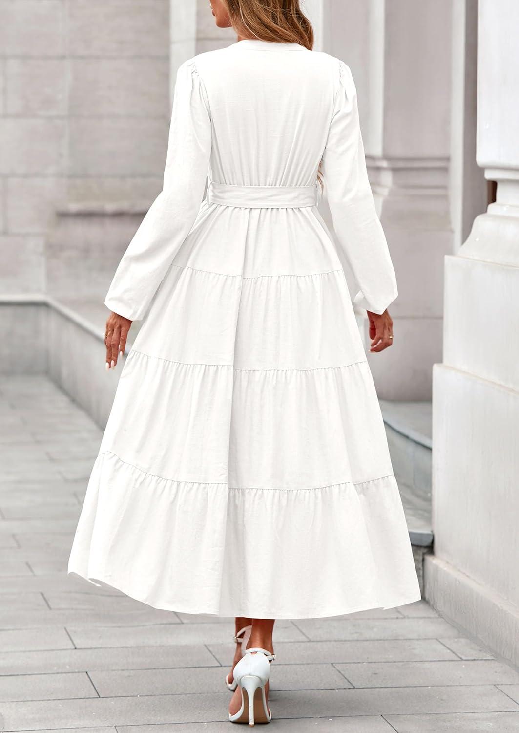 imagePRETTYGARDEN Maxi Dresses for Women Spring Long Sleeve V Neck Belted A Line Flowy Boho Wedding Guest Dress PocketsWhite