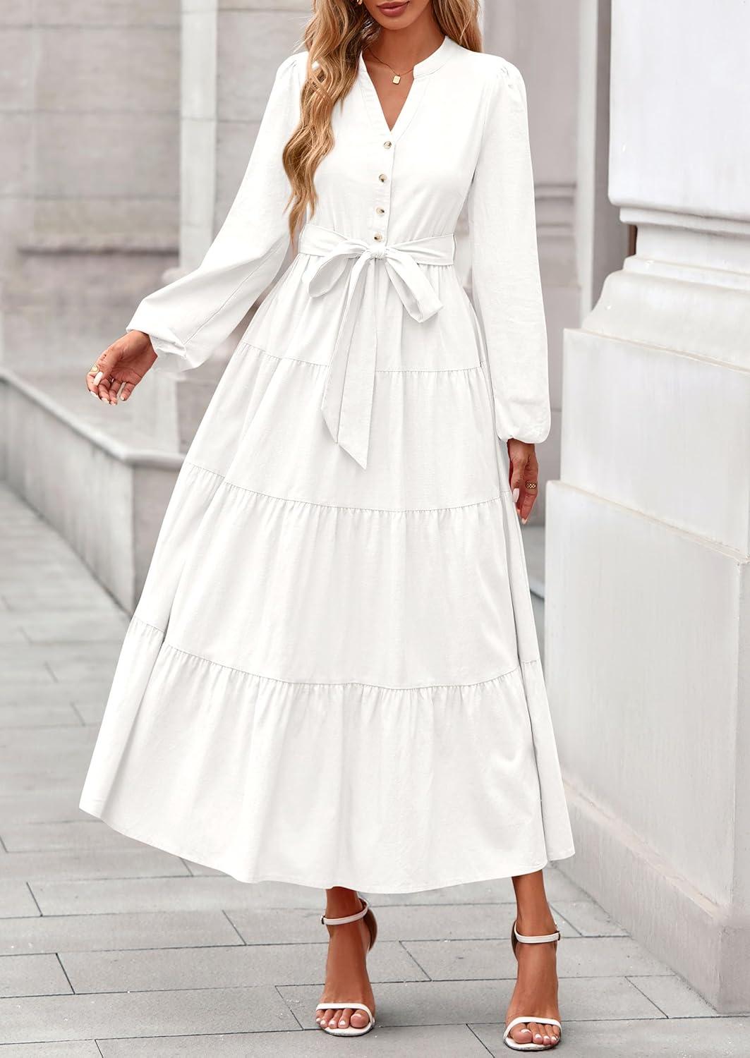 imagePRETTYGARDEN Maxi Dresses for Women Spring Long Sleeve V Neck Belted A Line Flowy Boho Wedding Guest Dress PocketsWhite