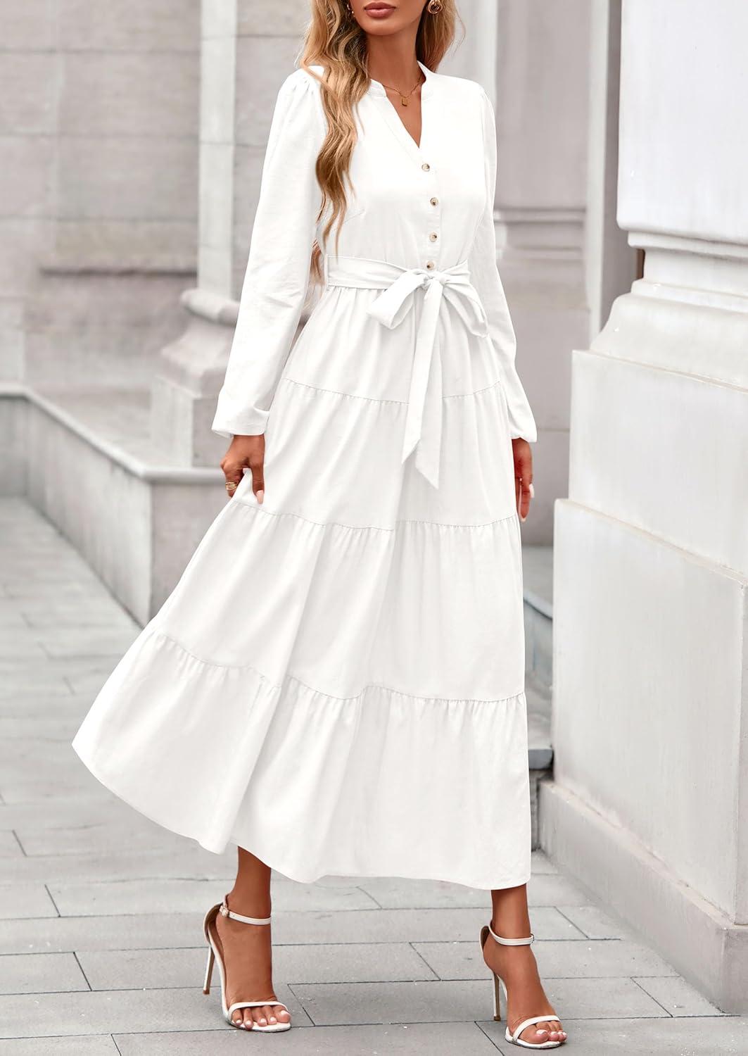 imagePRETTYGARDEN Maxi Dresses for Women Spring Long Sleeve V Neck Belted A Line Flowy Boho Wedding Guest Dress PocketsWhite