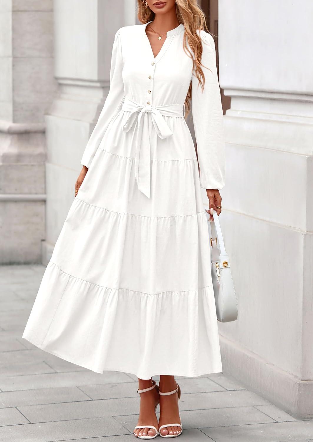 imagePRETTYGARDEN Maxi Dresses for Women Spring Long Sleeve V Neck Belted A Line Flowy Boho Wedding Guest Dress PocketsWhite