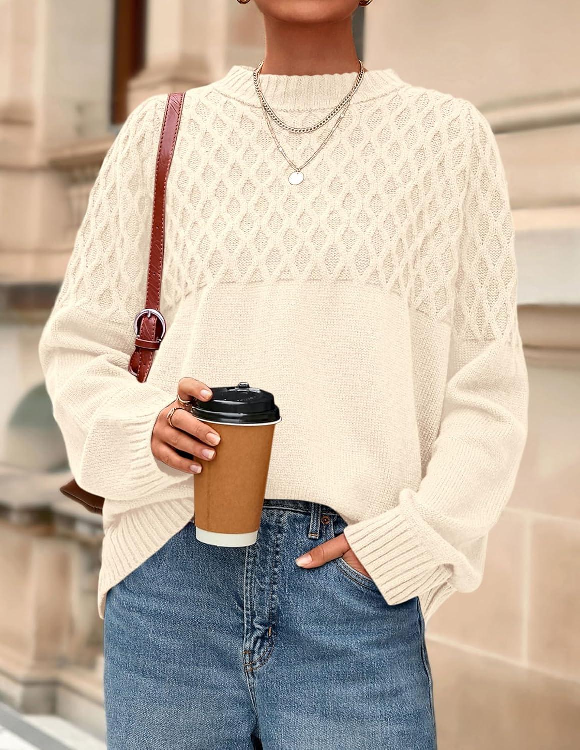 imagePRETTYGARDEN Oversized Sweaters for Women 2025 Fall Cute Cable Knit Long Sleeve Crewneck Chunky Pullover Tops Winter ClothingBeige