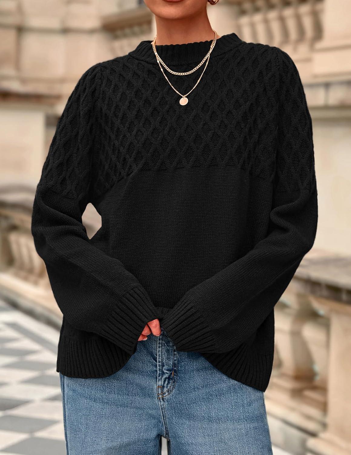 imagePRETTYGARDEN Oversized Sweaters for Women 2025 Fall Cute Cable Knit Long Sleeve Crewneck Chunky Pullover Tops Winter ClothingBlack