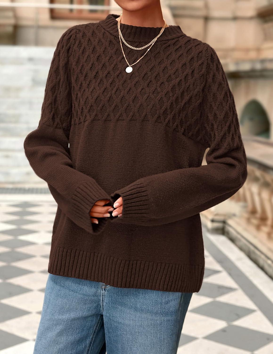imagePRETTYGARDEN Oversized Sweaters for Women 2025 Fall Cute Cable Knit Long Sleeve Crewneck Chunky Pullover Tops Winter ClothingBrown
