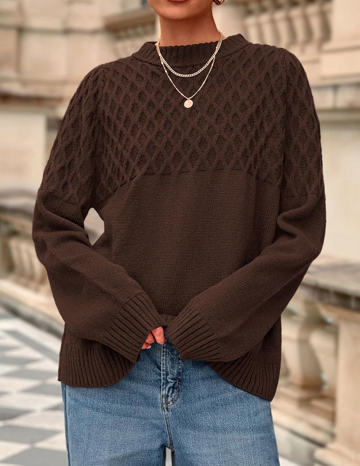imagePRETTYGARDEN Oversized Sweaters for Women 2025 Fall Cute Cable Knit Long Sleeve Crewneck Chunky Pullover Tops Winter ClothingBrown