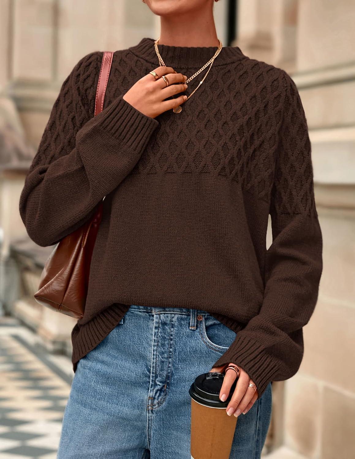 imagePRETTYGARDEN Oversized Sweaters for Women 2025 Fall Cute Cable Knit Long Sleeve Crewneck Chunky Pullover Tops Winter ClothingBrown