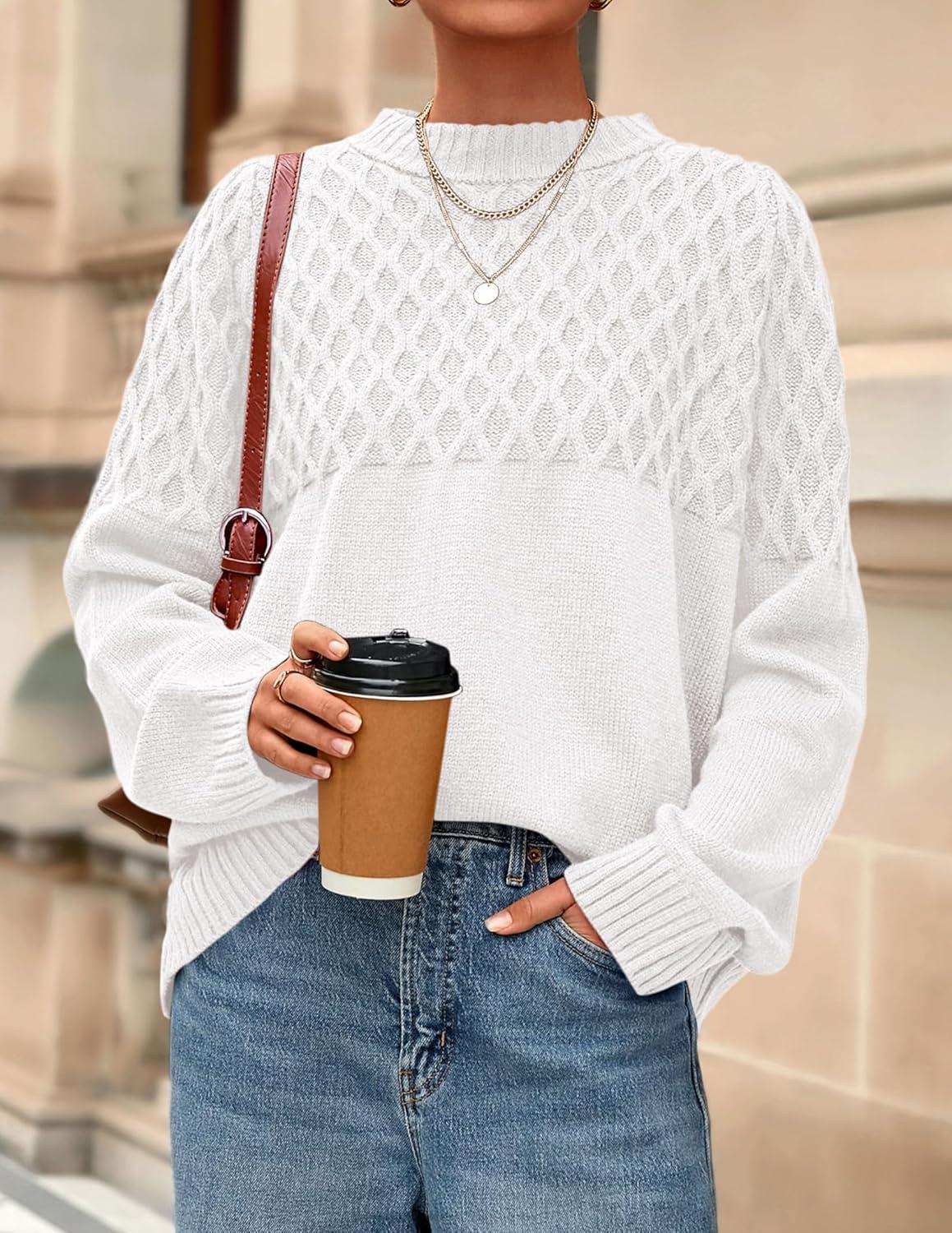 imagePRETTYGARDEN Oversized Sweaters for Women 2025 Fall Cute Cable Knit Long Sleeve Crewneck Chunky Pullover Tops Winter ClothingWhite