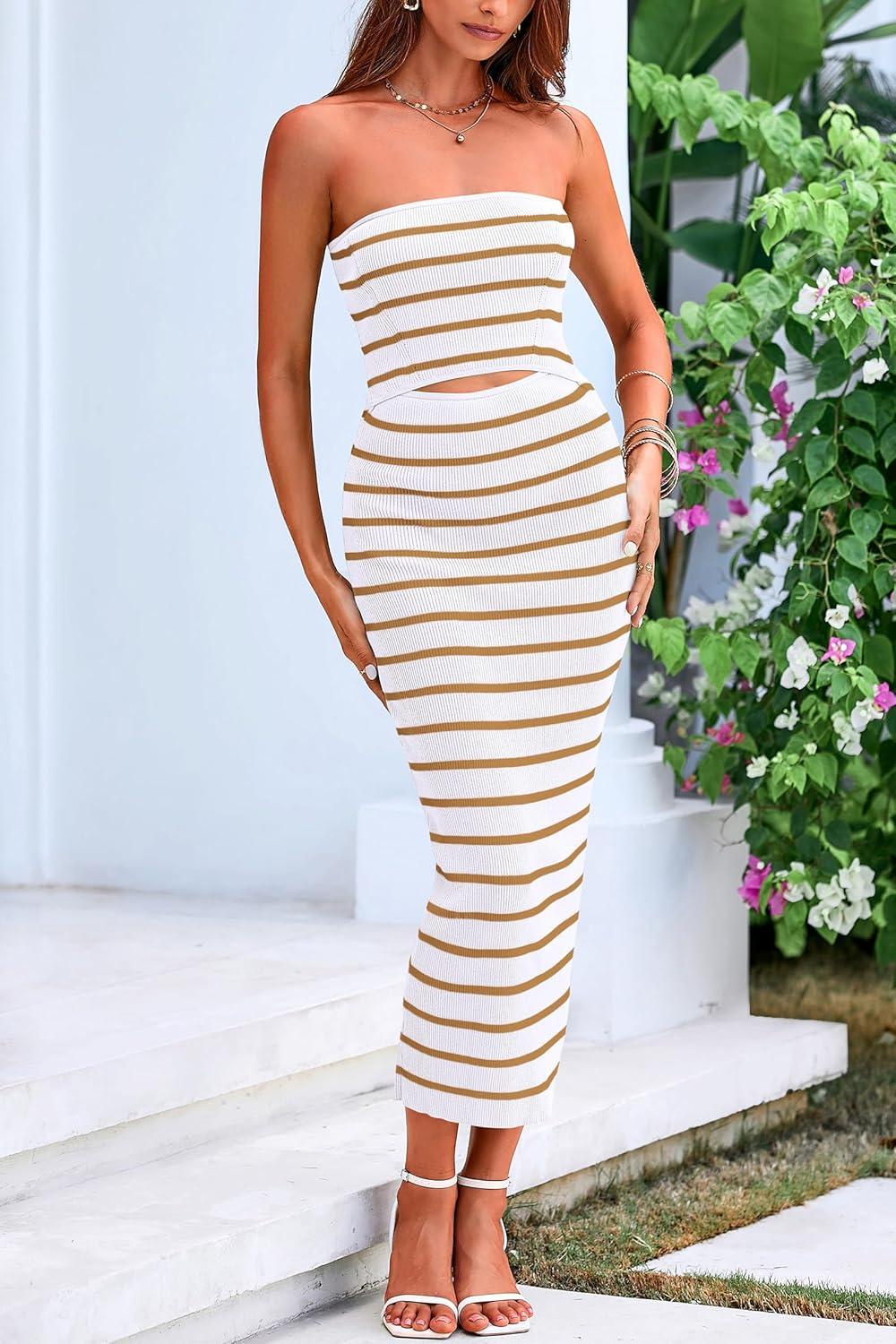 imagePRETTYGARDEN Summer Dress for Women Striped Cut Out Sleeveless Tube Top Bodycon Midi Dresses Striped White KhakiMedium