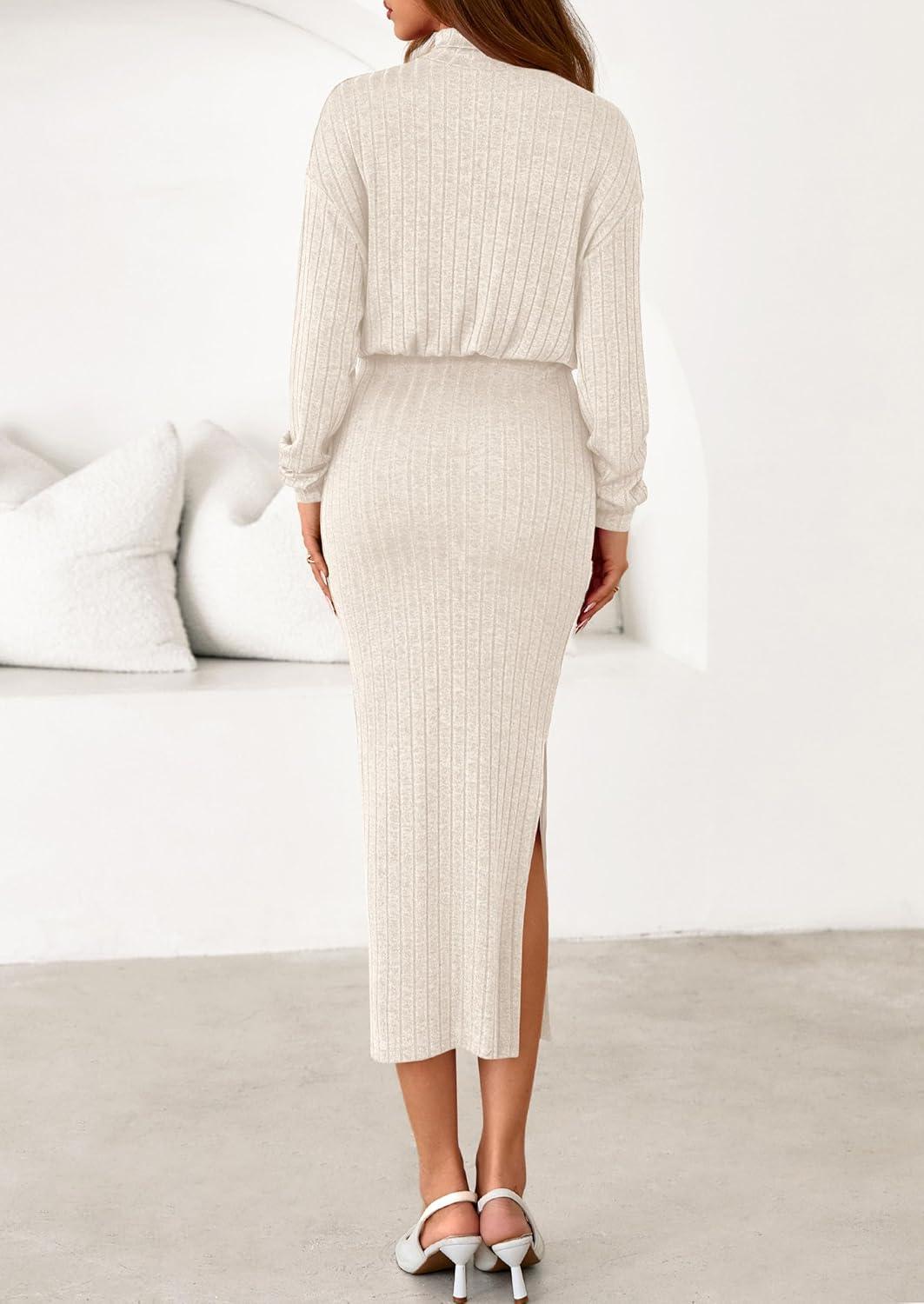 imagePRETTYGARDEN Turtle Neck Dresses for Women 2026 Fall Knit Outfits Slit Elastic Waist Long Sleeve Bodycon Midi Sweater DressApricot