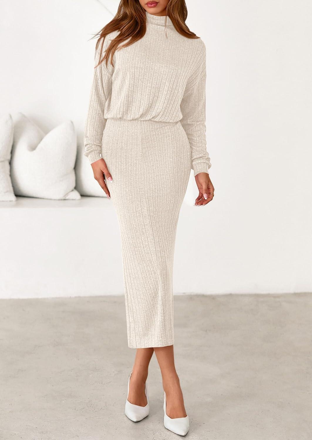 imagePRETTYGARDEN Turtle Neck Dresses for Women 2026 Fall Knit Outfits Slit Elastic Waist Long Sleeve Bodycon Midi Sweater DressApricot