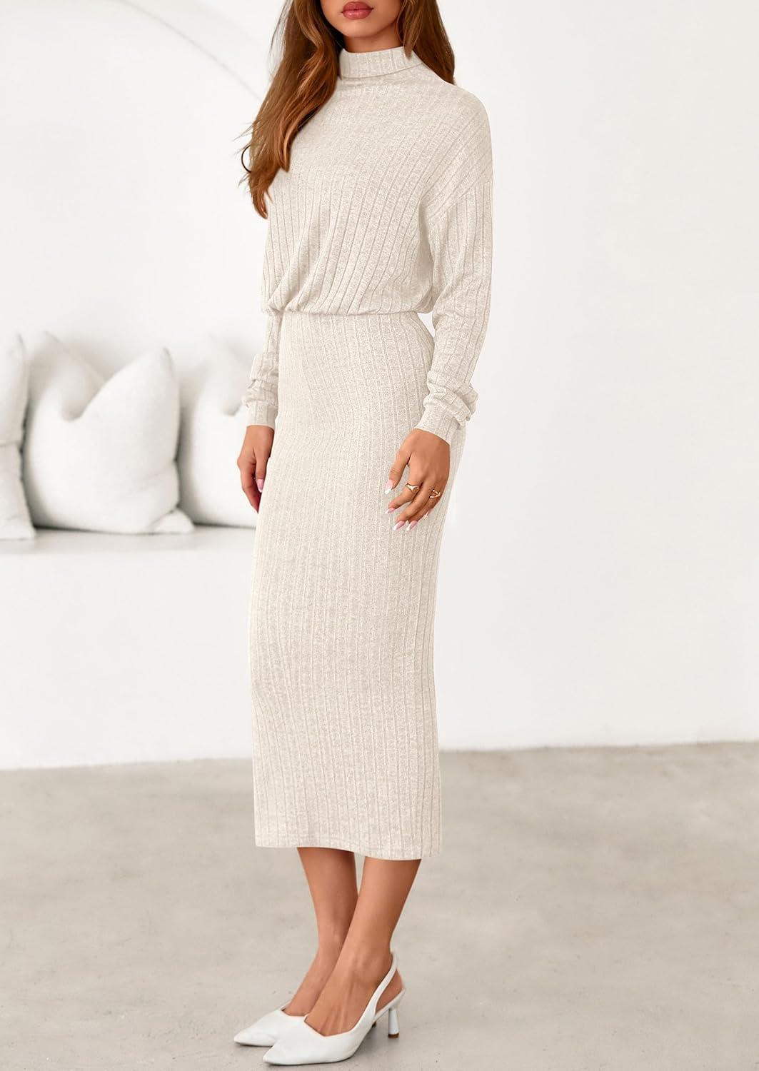 imagePRETTYGARDEN Turtle Neck Dresses for Women 2026 Fall Knit Outfits Slit Elastic Waist Long Sleeve Bodycon Midi Sweater DressApricot