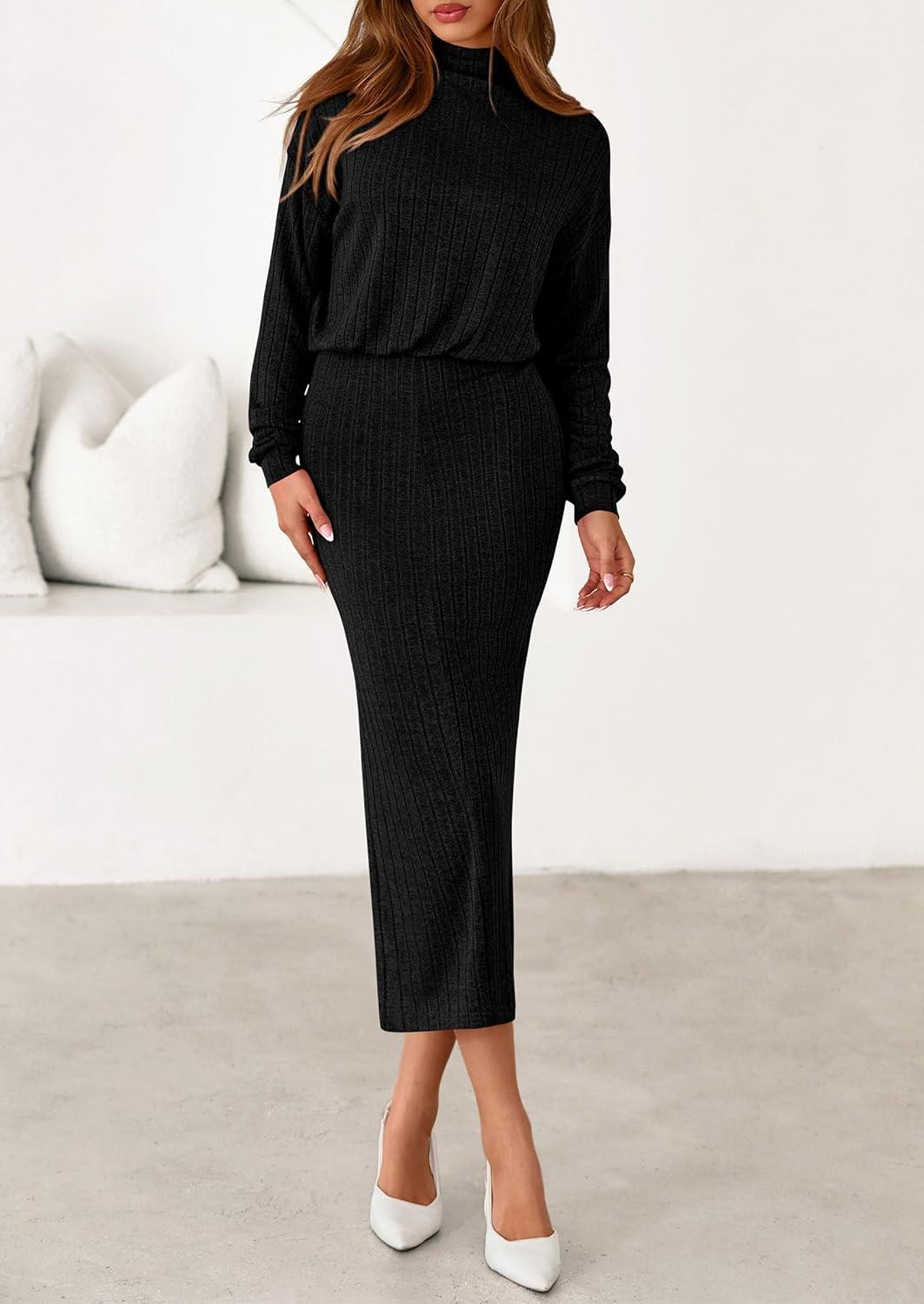 imagePRETTYGARDEN Turtle Neck Dresses for Women 2026 Fall Knit Outfits Slit Elastic Waist Long Sleeve Bodycon Midi Sweater DressBlack