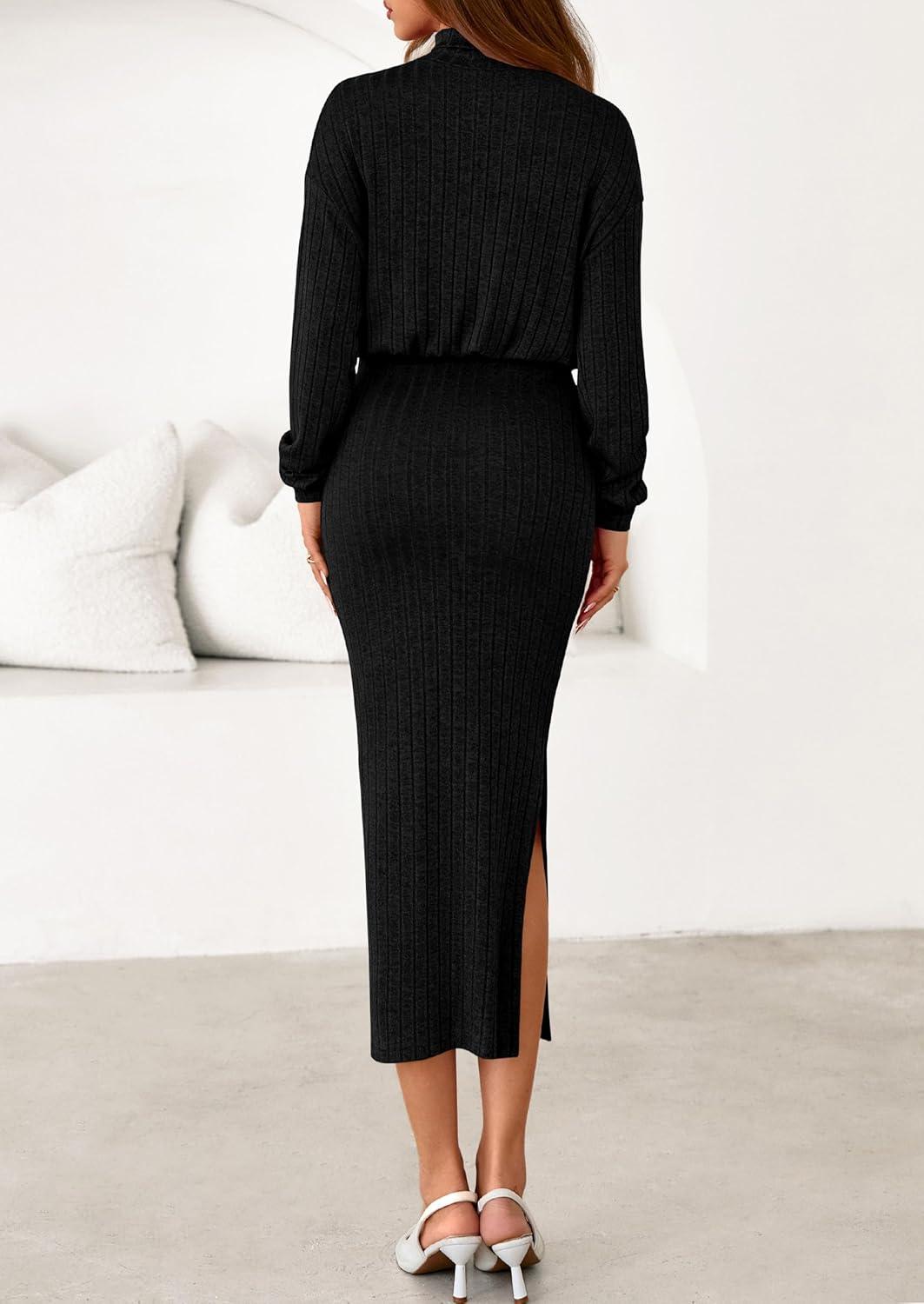 imagePRETTYGARDEN Turtle Neck Dresses for Women 2026 Fall Knit Outfits Slit Elastic Waist Long Sleeve Bodycon Midi Sweater DressBlack