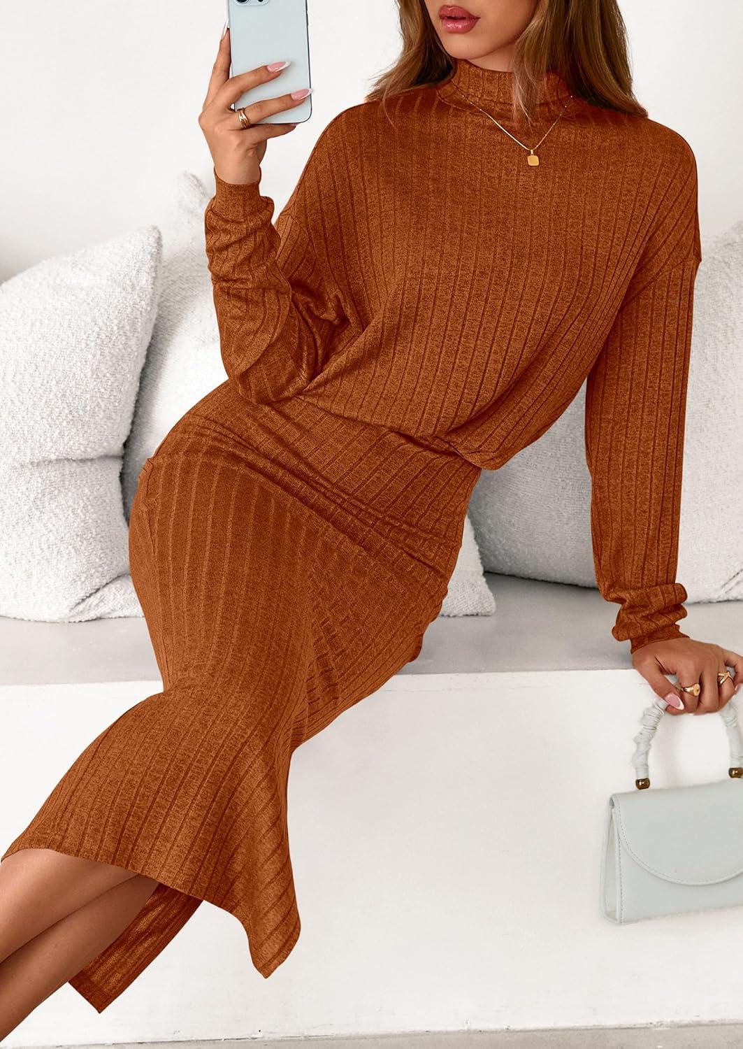 imagePRETTYGARDEN Turtle Neck Dresses for Women 2026 Fall Knit Outfits Slit Elastic Waist Long Sleeve Bodycon Midi Sweater DressBrick Red