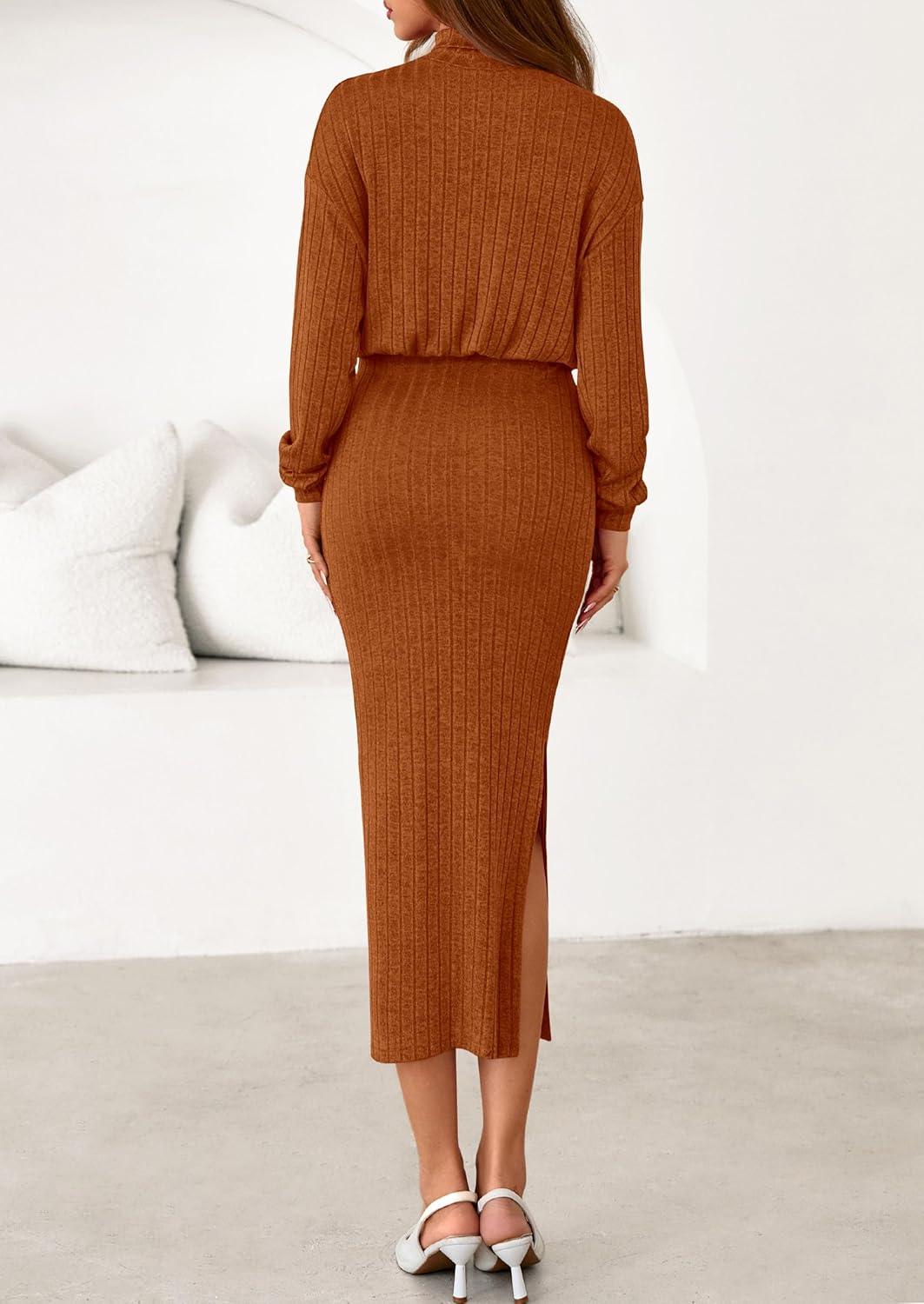 imagePRETTYGARDEN Turtle Neck Dresses for Women 2026 Fall Knit Outfits Slit Elastic Waist Long Sleeve Bodycon Midi Sweater DressBrick Red