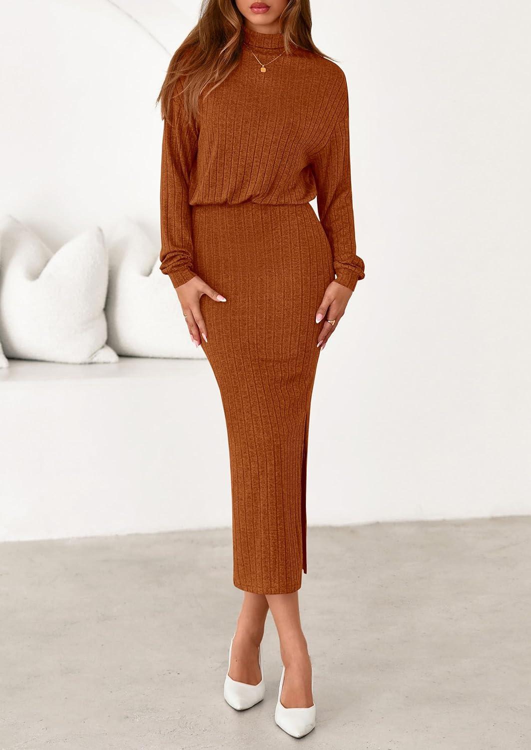 imagePRETTYGARDEN Turtle Neck Dresses for Women 2026 Fall Knit Outfits Slit Elastic Waist Long Sleeve Bodycon Midi Sweater DressBrick Red
