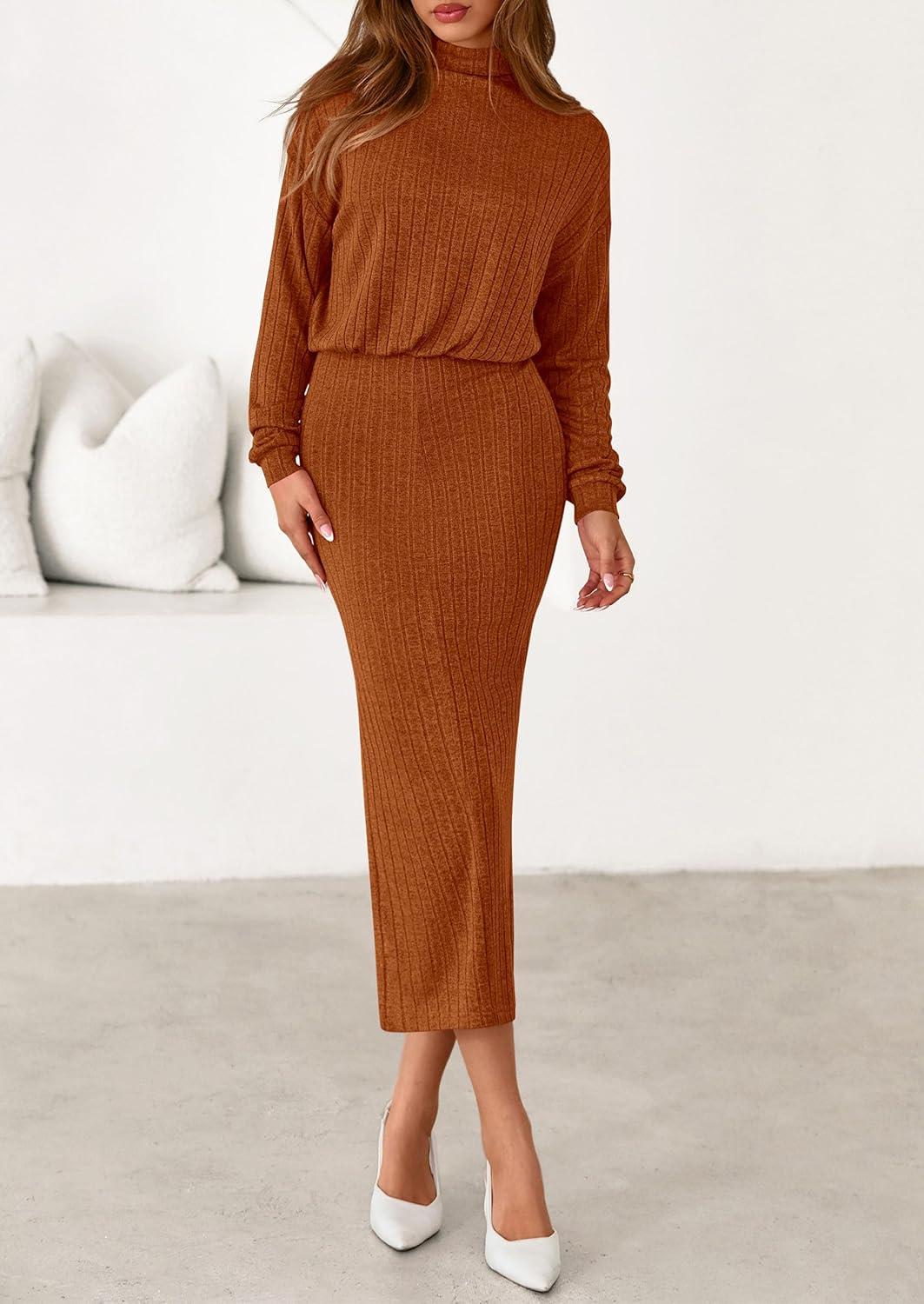 imagePRETTYGARDEN Turtle Neck Dresses for Women 2026 Fall Knit Outfits Slit Elastic Waist Long Sleeve Bodycon Midi Sweater DressBrick Red