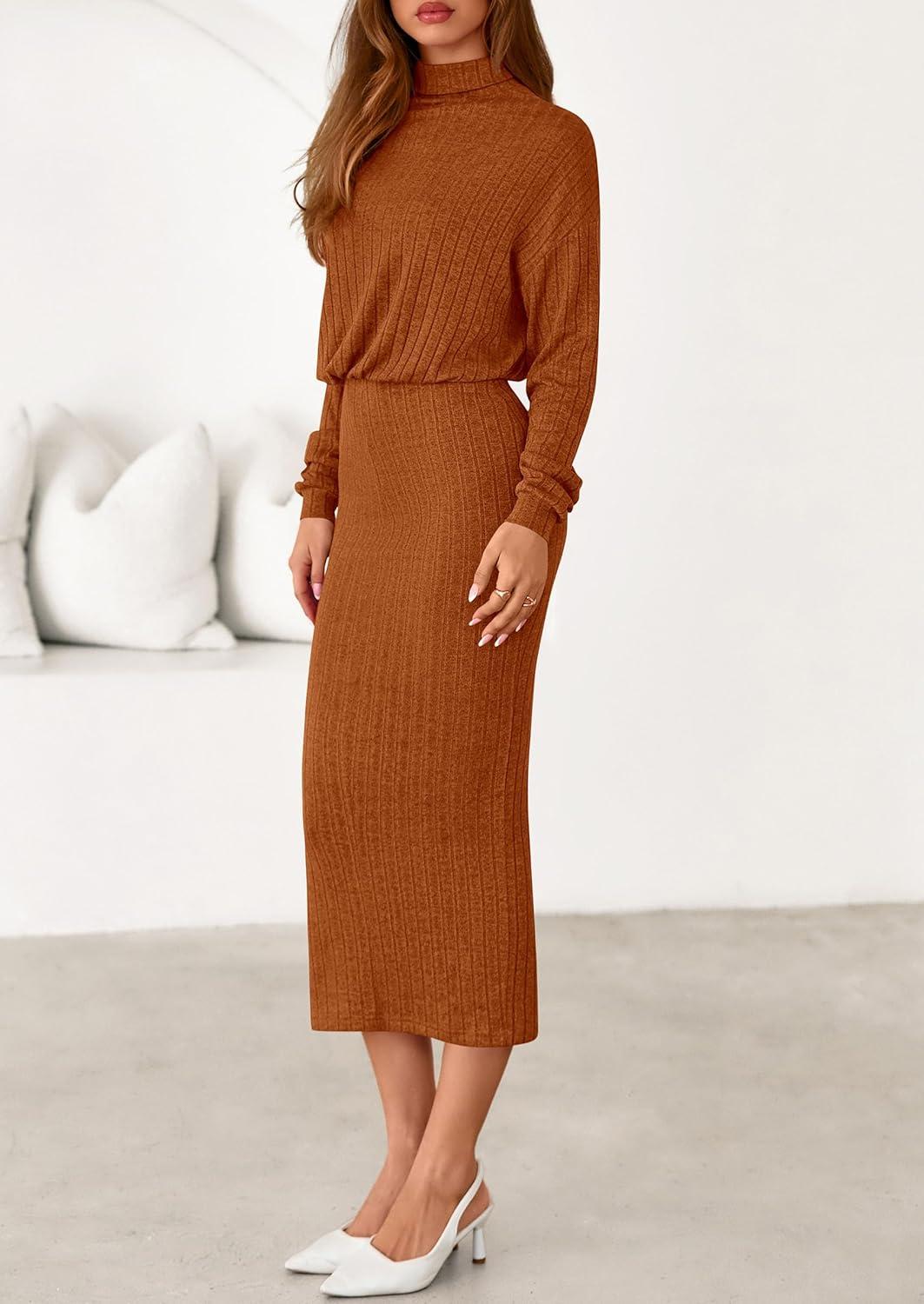 imagePRETTYGARDEN Turtle Neck Dresses for Women 2026 Fall Knit Outfits Slit Elastic Waist Long Sleeve Bodycon Midi Sweater DressBrick Red