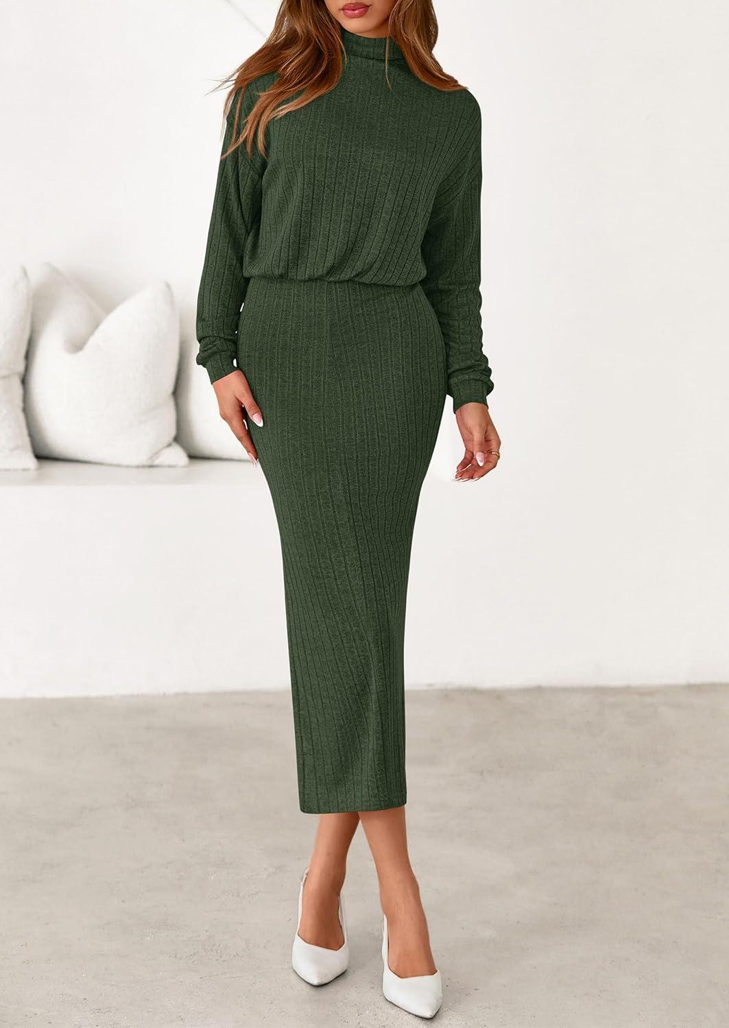 imagePRETTYGARDEN Turtle Neck Dresses for Women 2026 Fall Knit Outfits Slit Elastic Waist Long Sleeve Bodycon Midi Sweater DressDark Green