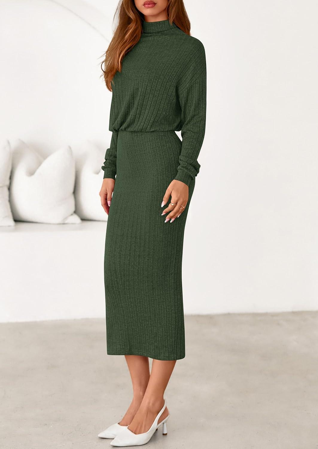 imagePRETTYGARDEN Turtle Neck Dresses for Women 2026 Fall Knit Outfits Slit Elastic Waist Long Sleeve Bodycon Midi Sweater DressDark Green