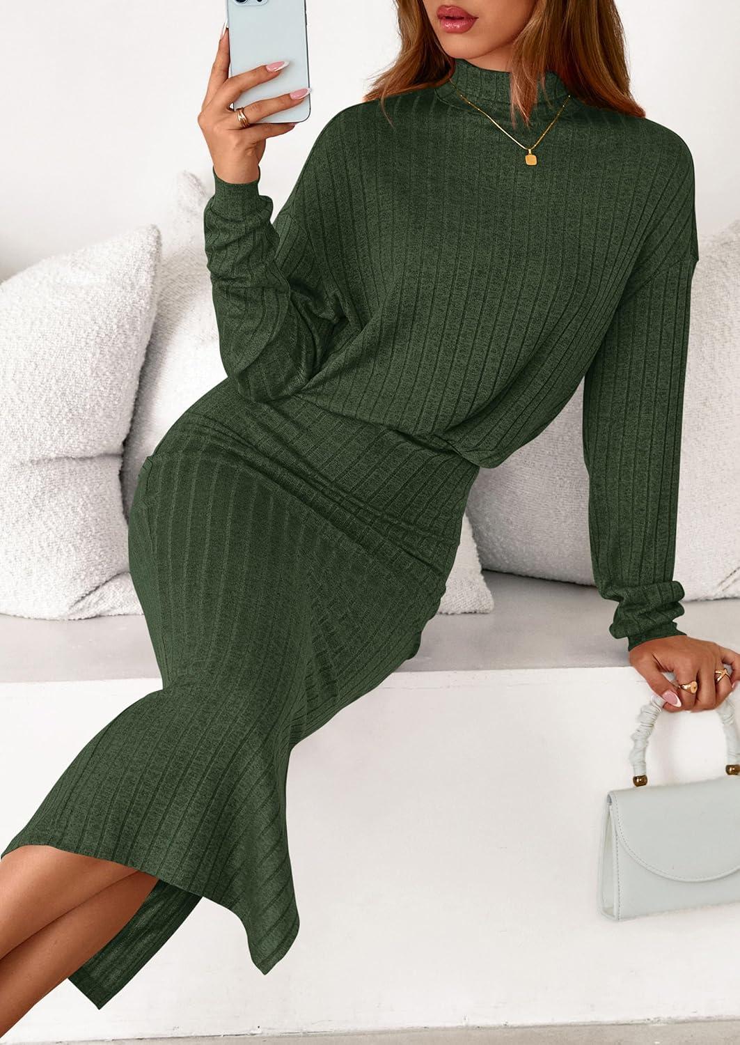 imagePRETTYGARDEN Turtle Neck Dresses for Women 2026 Fall Knit Outfits Slit Elastic Waist Long Sleeve Bodycon Midi Sweater DressDark Green