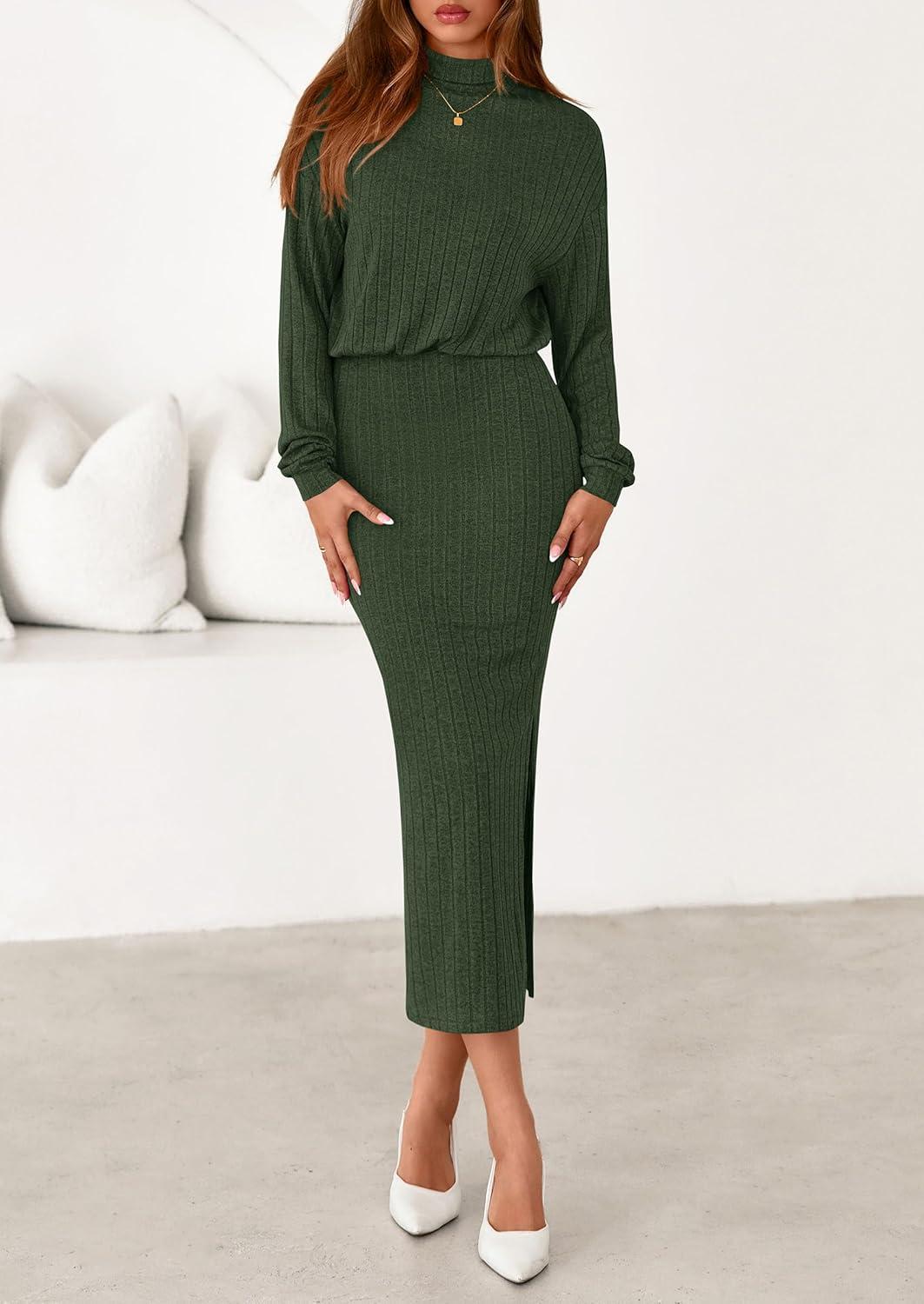 imagePRETTYGARDEN Turtle Neck Dresses for Women 2026 Fall Knit Outfits Slit Elastic Waist Long Sleeve Bodycon Midi Sweater DressDark Green