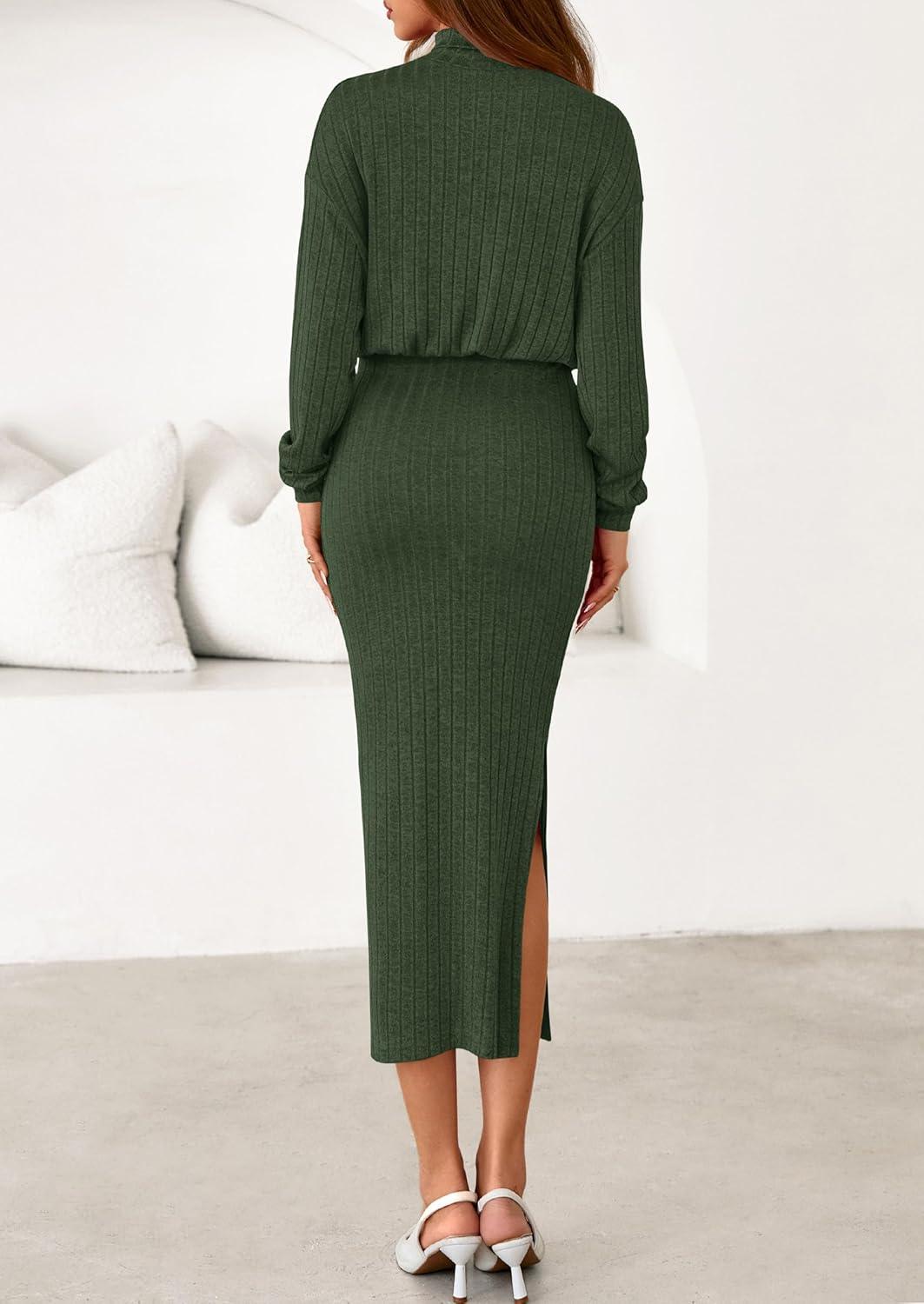 imagePRETTYGARDEN Turtle Neck Dresses for Women 2026 Fall Knit Outfits Slit Elastic Waist Long Sleeve Bodycon Midi Sweater DressDark Green