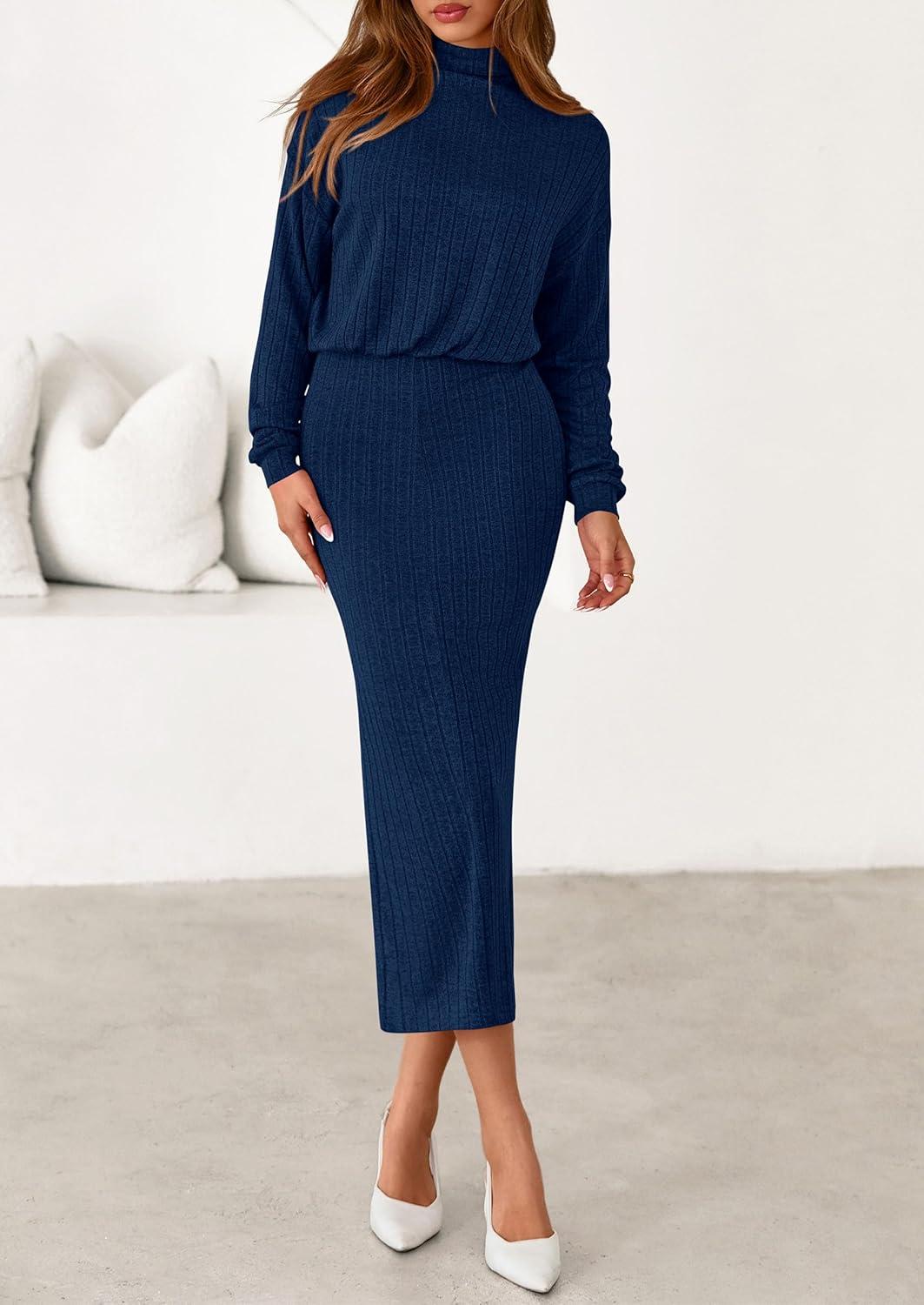 imagePRETTYGARDEN Turtle Neck Dresses for Women 2026 Fall Knit Outfits Slit Elastic Waist Long Sleeve Bodycon Midi Sweater DressNavy