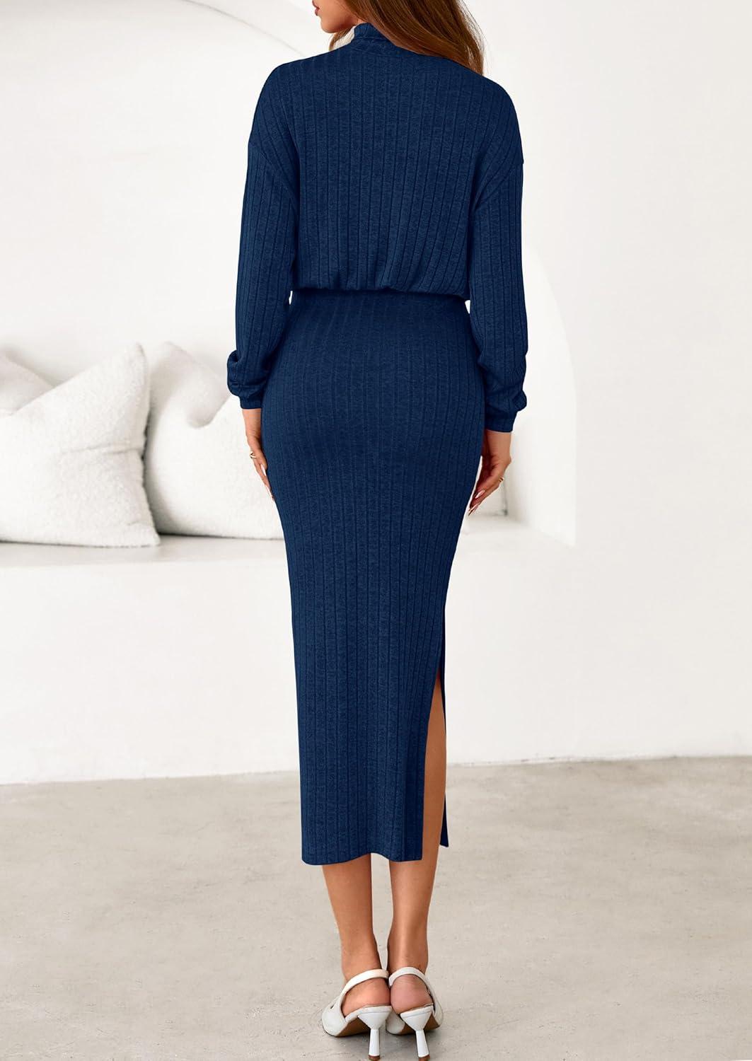 imagePRETTYGARDEN Turtle Neck Dresses for Women 2026 Fall Knit Outfits Slit Elastic Waist Long Sleeve Bodycon Midi Sweater DressNavy