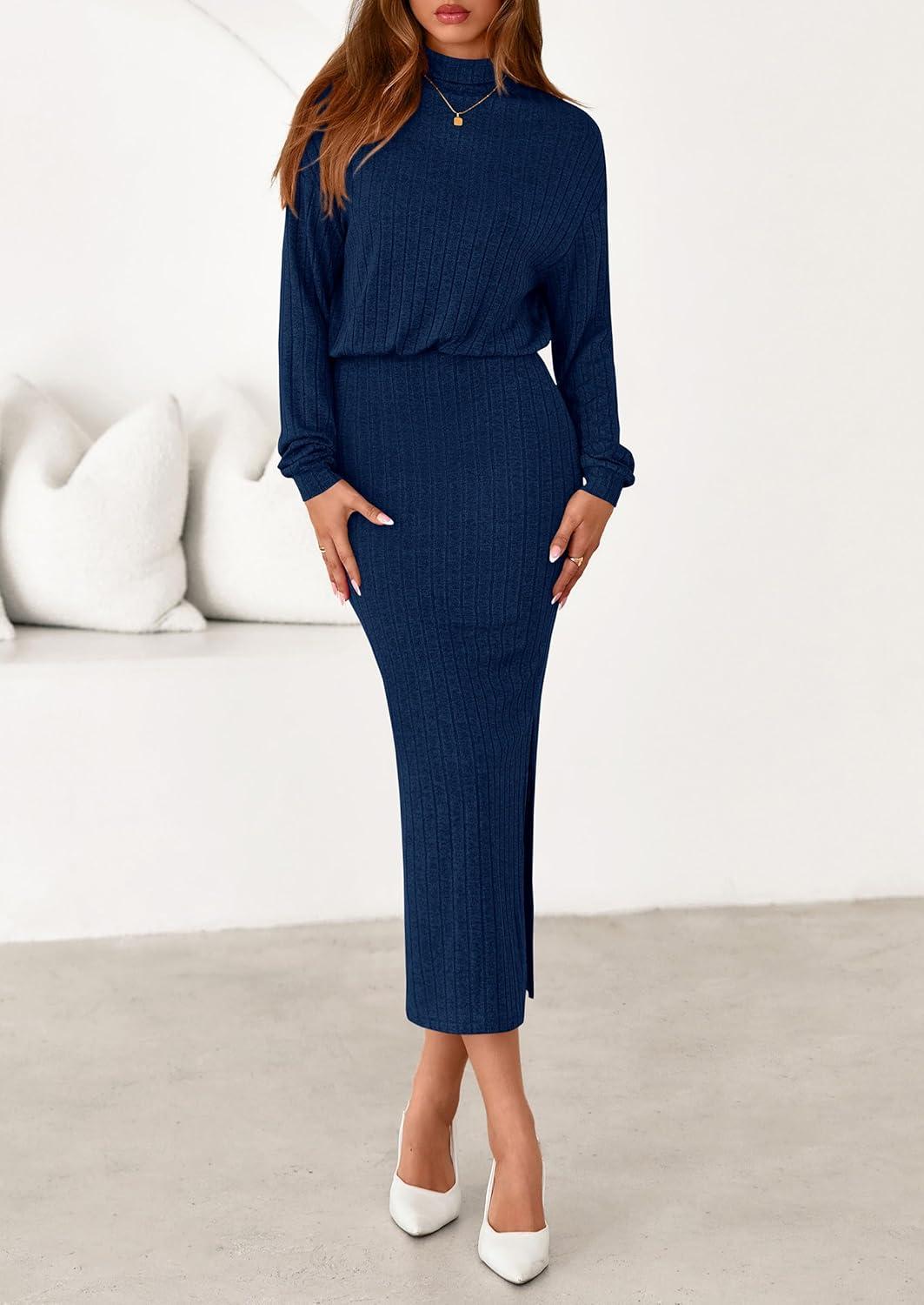 imagePRETTYGARDEN Turtle Neck Dresses for Women 2026 Fall Knit Outfits Slit Elastic Waist Long Sleeve Bodycon Midi Sweater DressNavy