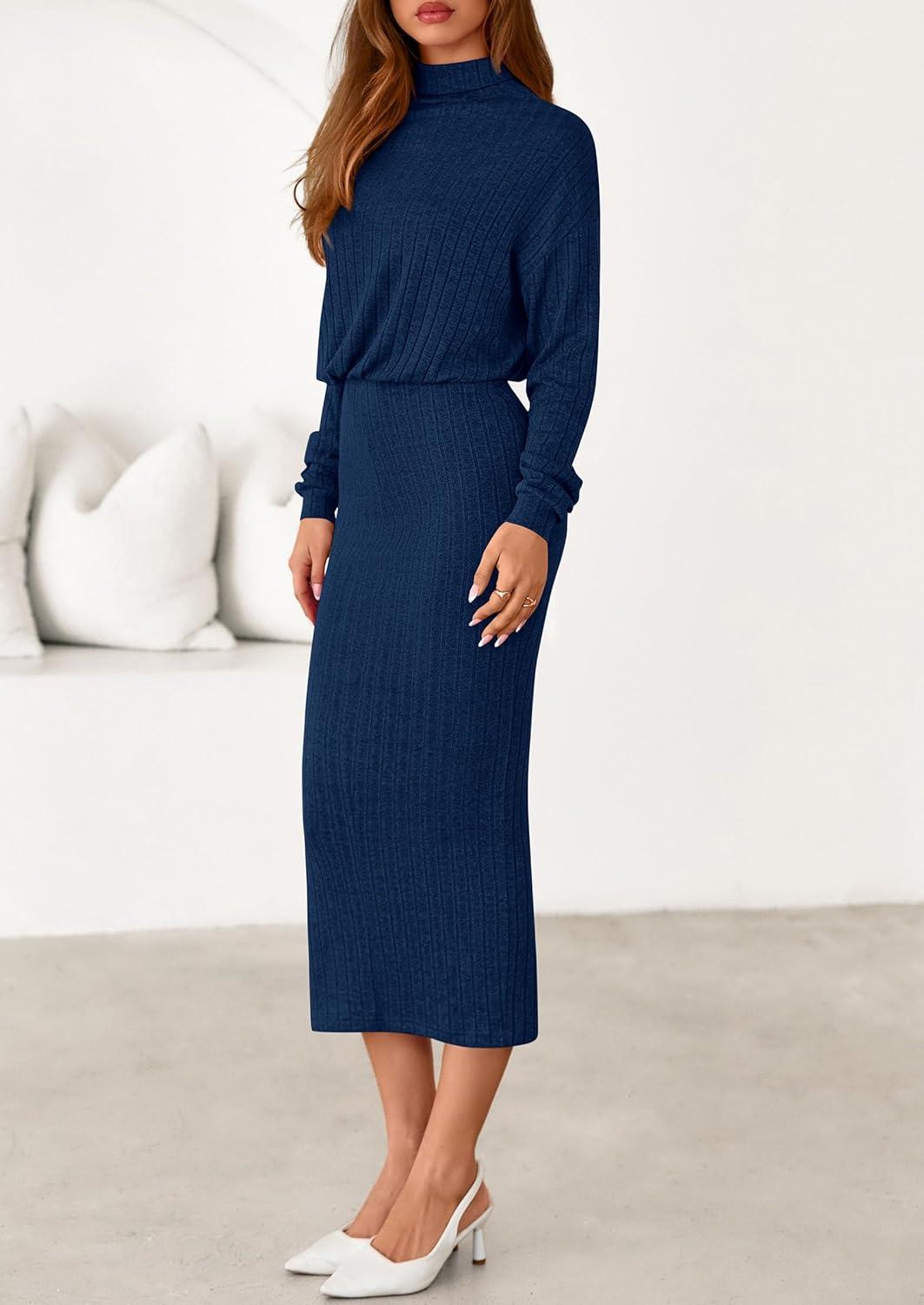 imagePRETTYGARDEN Turtle Neck Dresses for Women 2026 Fall Knit Outfits Slit Elastic Waist Long Sleeve Bodycon Midi Sweater DressNavy