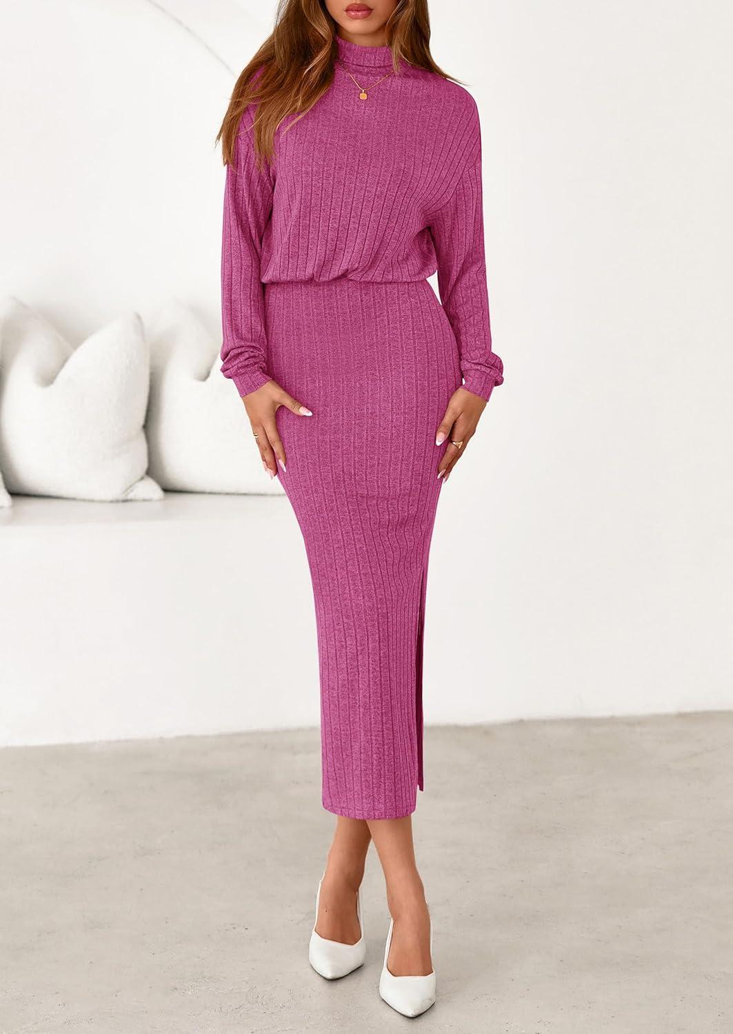 imagePRETTYGARDEN Turtle Neck Dresses for Women 2026 Fall Knit Outfits Slit Elastic Waist Long Sleeve Bodycon Midi Sweater DressRose Pink