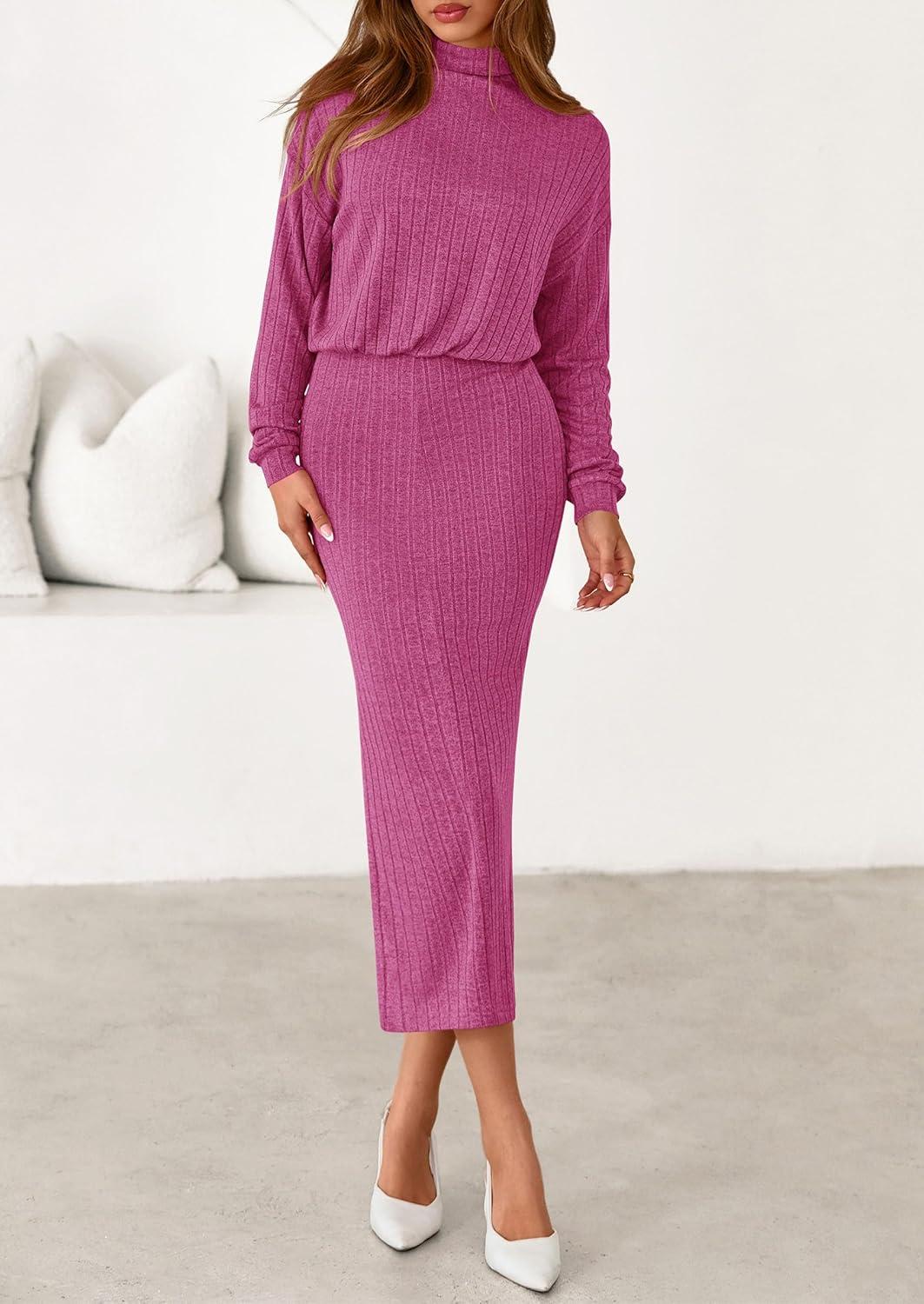 imagePRETTYGARDEN Turtle Neck Dresses for Women 2026 Fall Knit Outfits Slit Elastic Waist Long Sleeve Bodycon Midi Sweater DressRose Pink