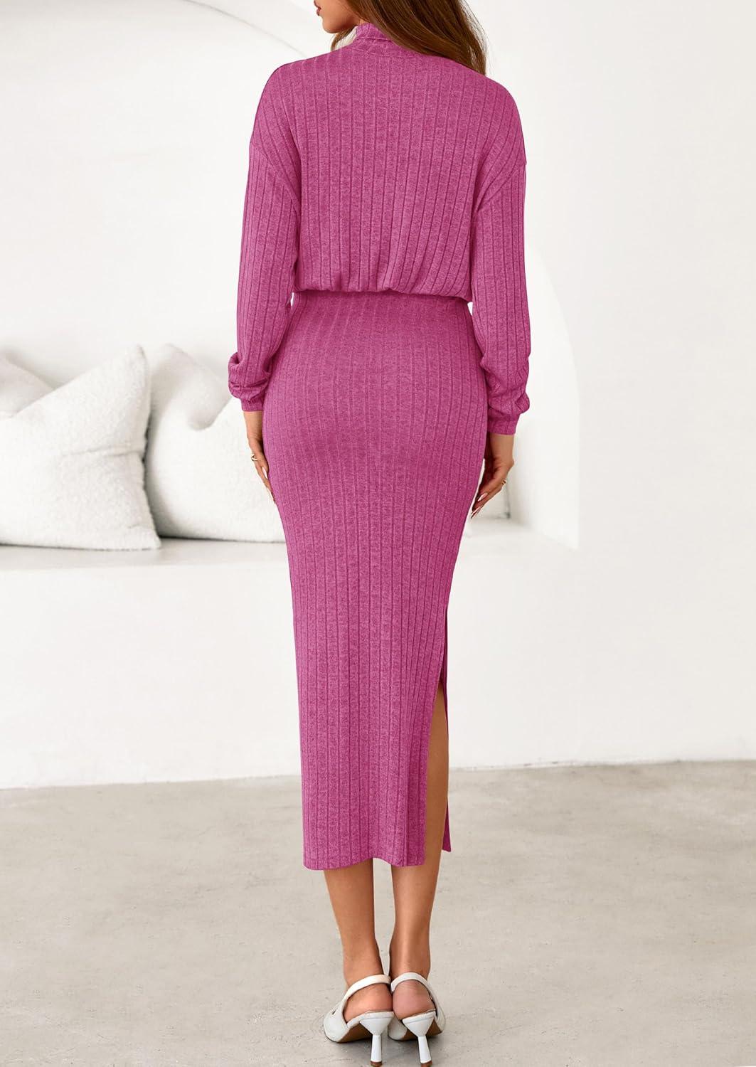 imagePRETTYGARDEN Turtle Neck Dresses for Women 2026 Fall Knit Outfits Slit Elastic Waist Long Sleeve Bodycon Midi Sweater DressRose Pink