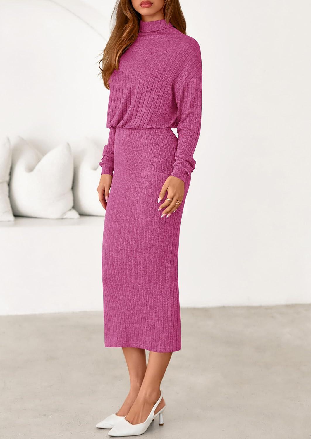 imagePRETTYGARDEN Turtle Neck Dresses for Women 2026 Fall Knit Outfits Slit Elastic Waist Long Sleeve Bodycon Midi Sweater DressRose Pink