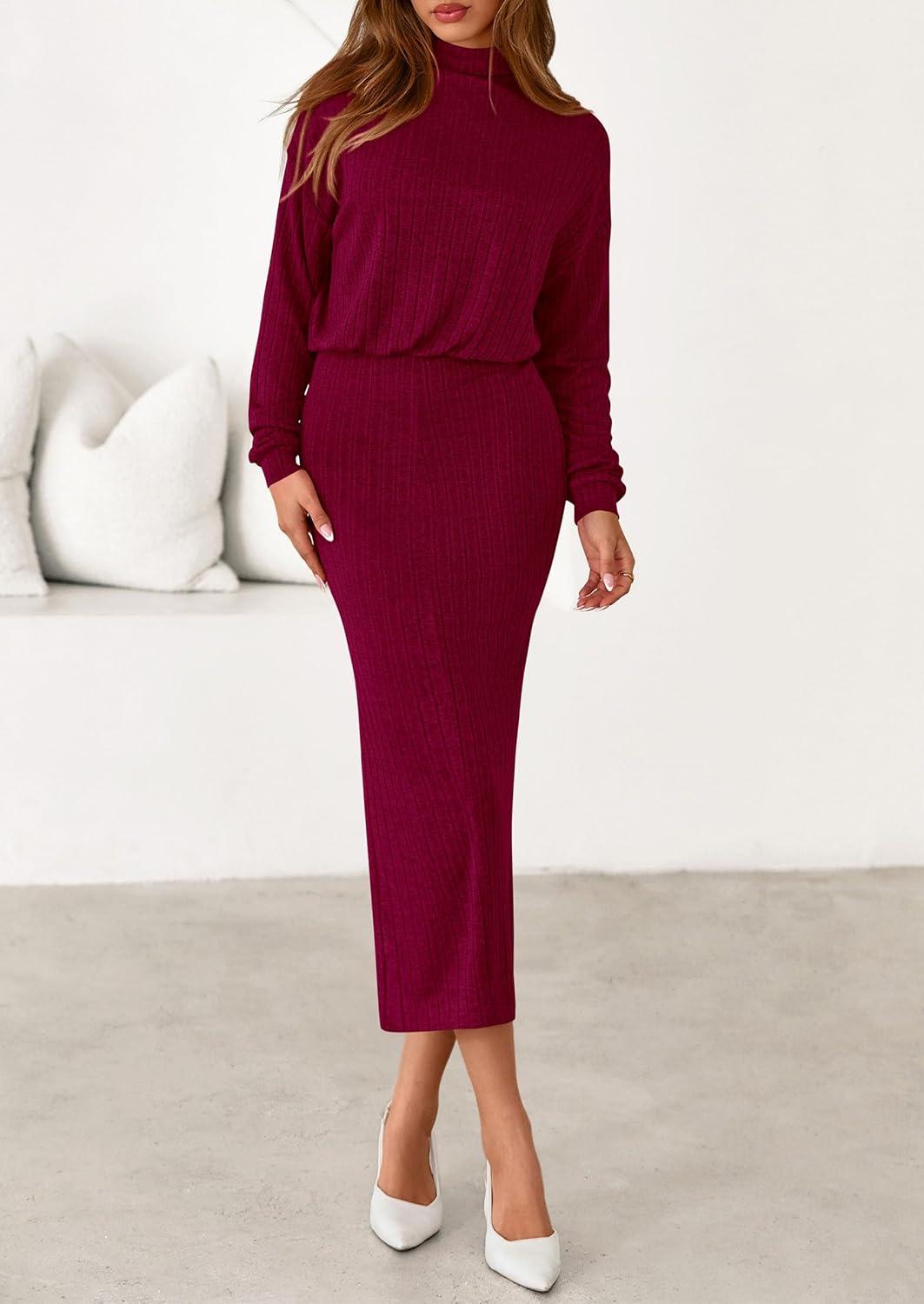 imagePRETTYGARDEN Turtle Neck Dresses for Women 2026 Fall Knit Outfits Slit Elastic Waist Long Sleeve Bodycon Midi Sweater DressWine Red