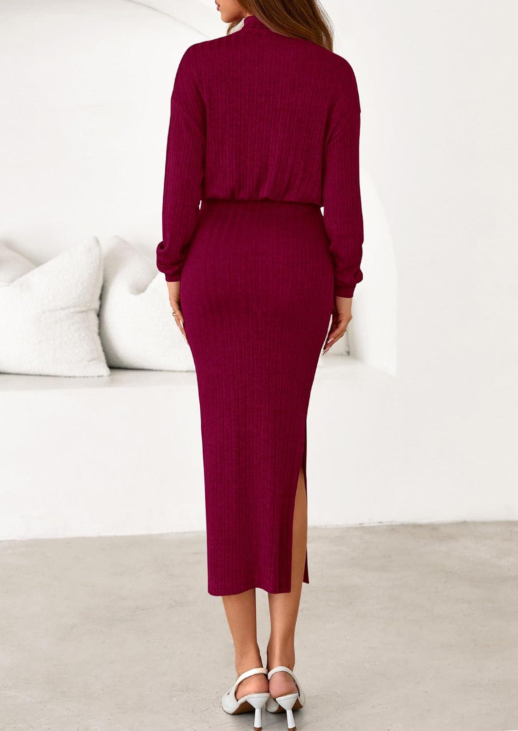 imagePRETTYGARDEN Turtle Neck Dresses for Women 2026 Fall Knit Outfits Slit Elastic Waist Long Sleeve Bodycon Midi Sweater DressWine Red
