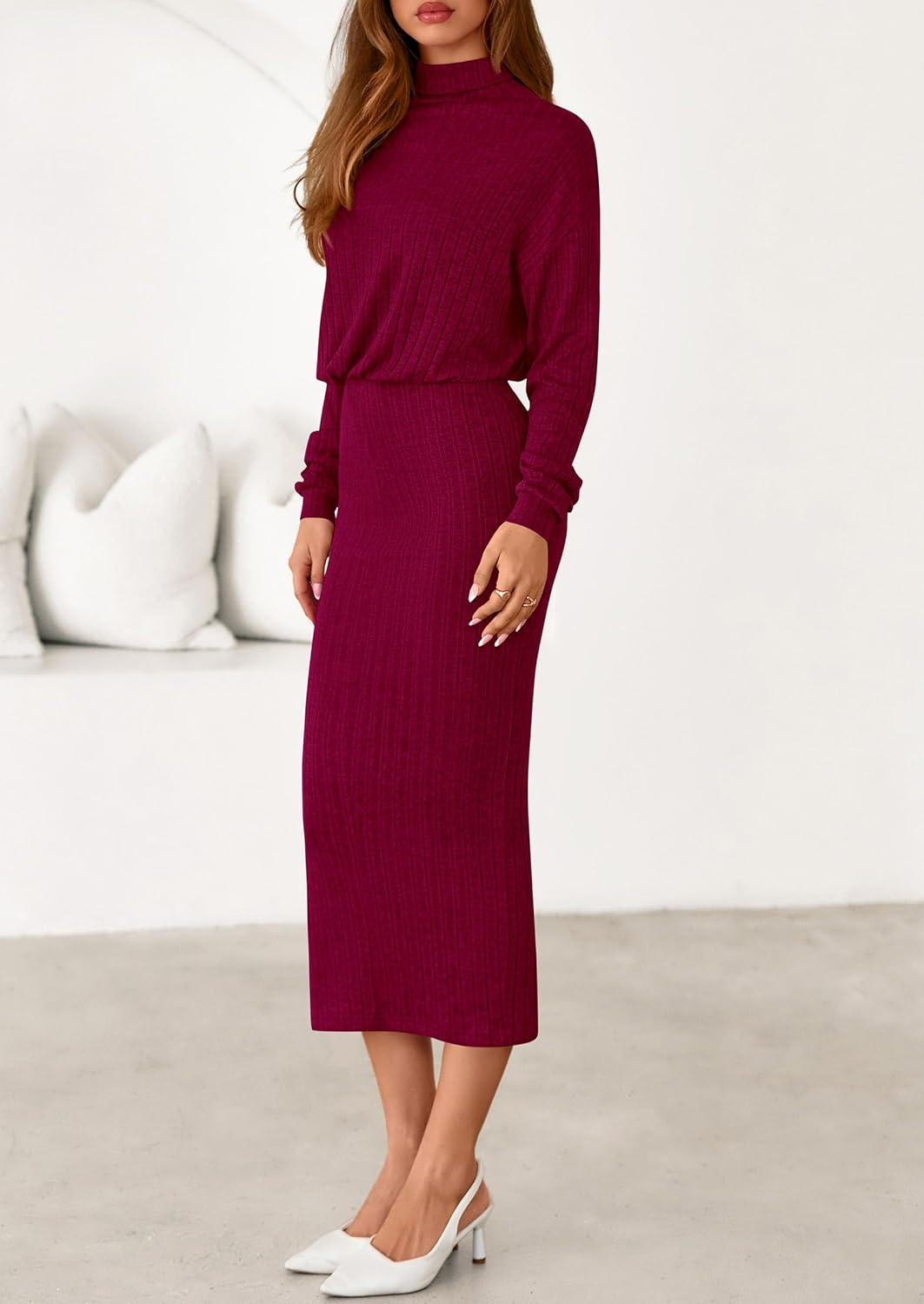 imagePRETTYGARDEN Turtle Neck Dresses for Women 2026 Fall Knit Outfits Slit Elastic Waist Long Sleeve Bodycon Midi Sweater DressWine Red