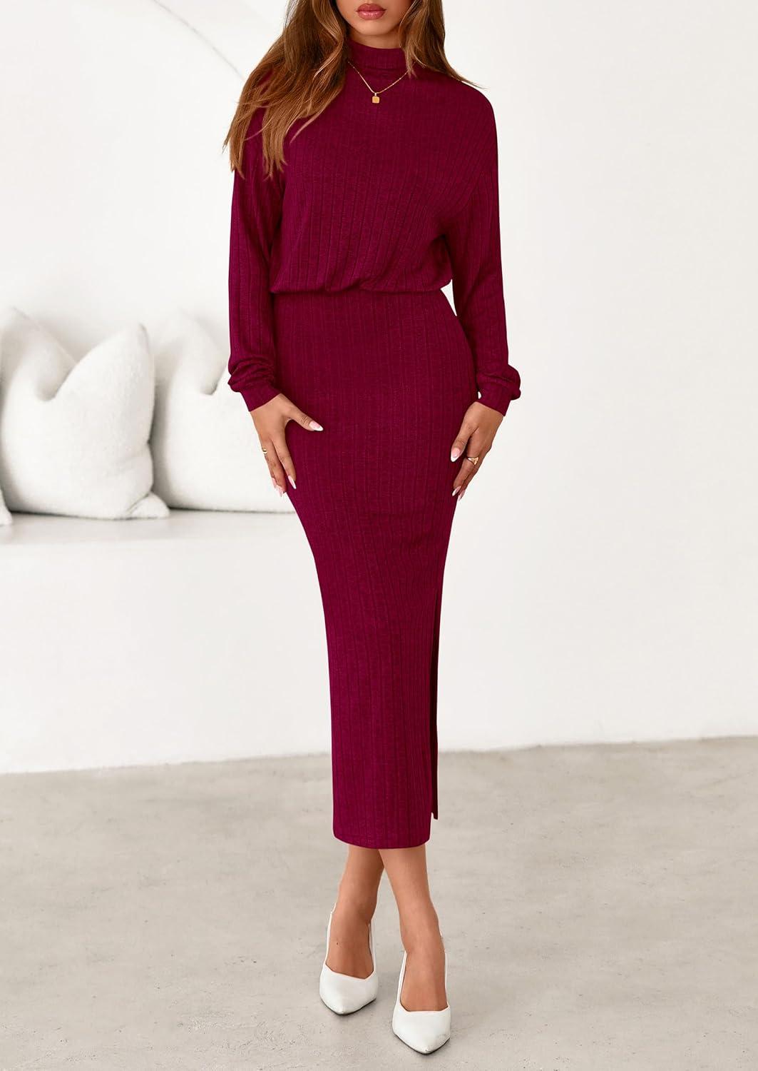 imagePRETTYGARDEN Turtle Neck Dresses for Women 2026 Fall Knit Outfits Slit Elastic Waist Long Sleeve Bodycon Midi Sweater DressWine Red