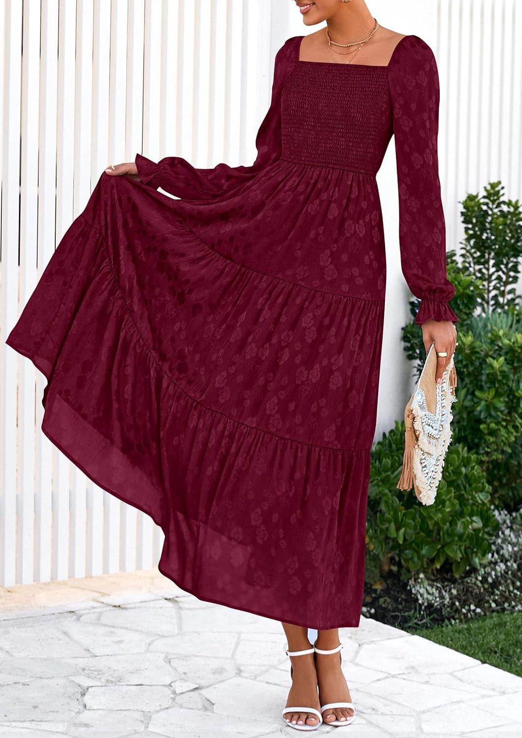 imagePRETTYGARDEN Wedding Guest Dresses for Women Floral Long Sleeve Smocked Tiered Elegant Long Flowy Boho DressBurgundy