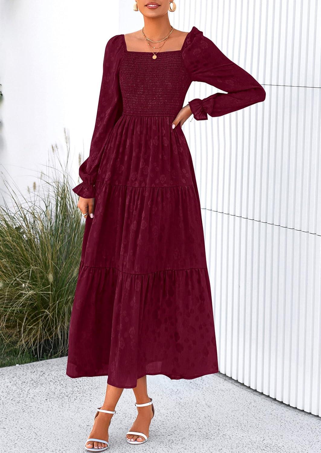 imagePRETTYGARDEN Wedding Guest Dresses for Women Floral Long Sleeve Smocked Tiered Elegant Long Flowy Boho DressBurgundy