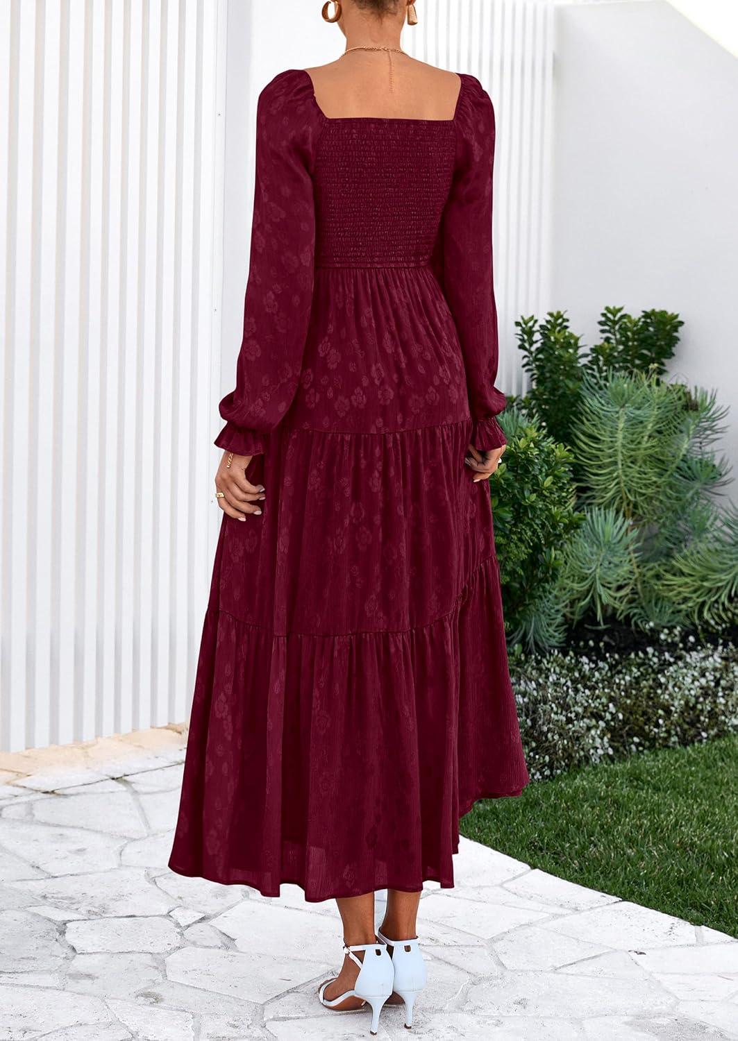 imagePRETTYGARDEN Wedding Guest Dresses for Women Floral Long Sleeve Smocked Tiered Elegant Long Flowy Boho DressBurgundy