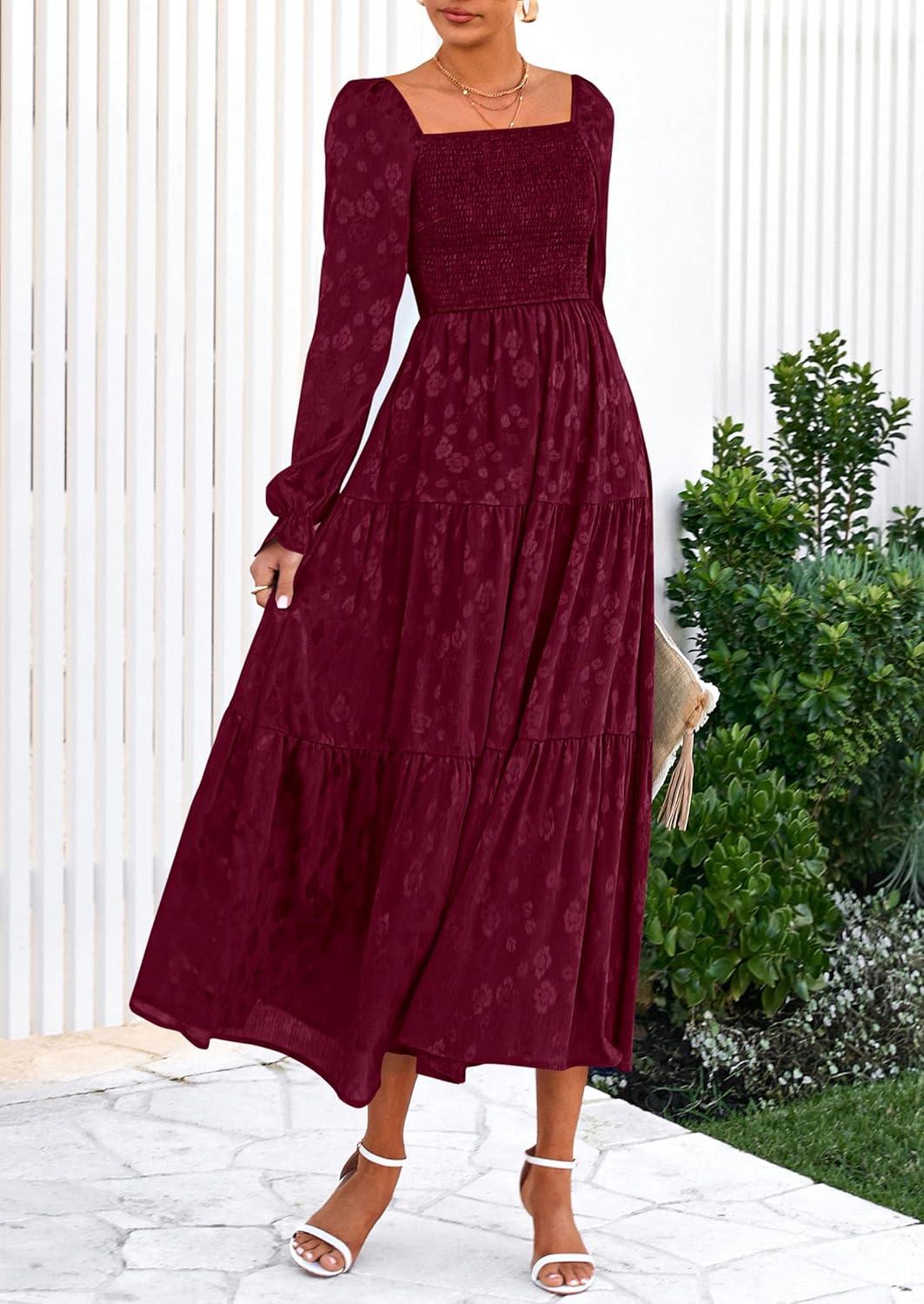 imagePRETTYGARDEN Wedding Guest Dresses for Women Floral Long Sleeve Smocked Tiered Elegant Long Flowy Boho DressBurgundy