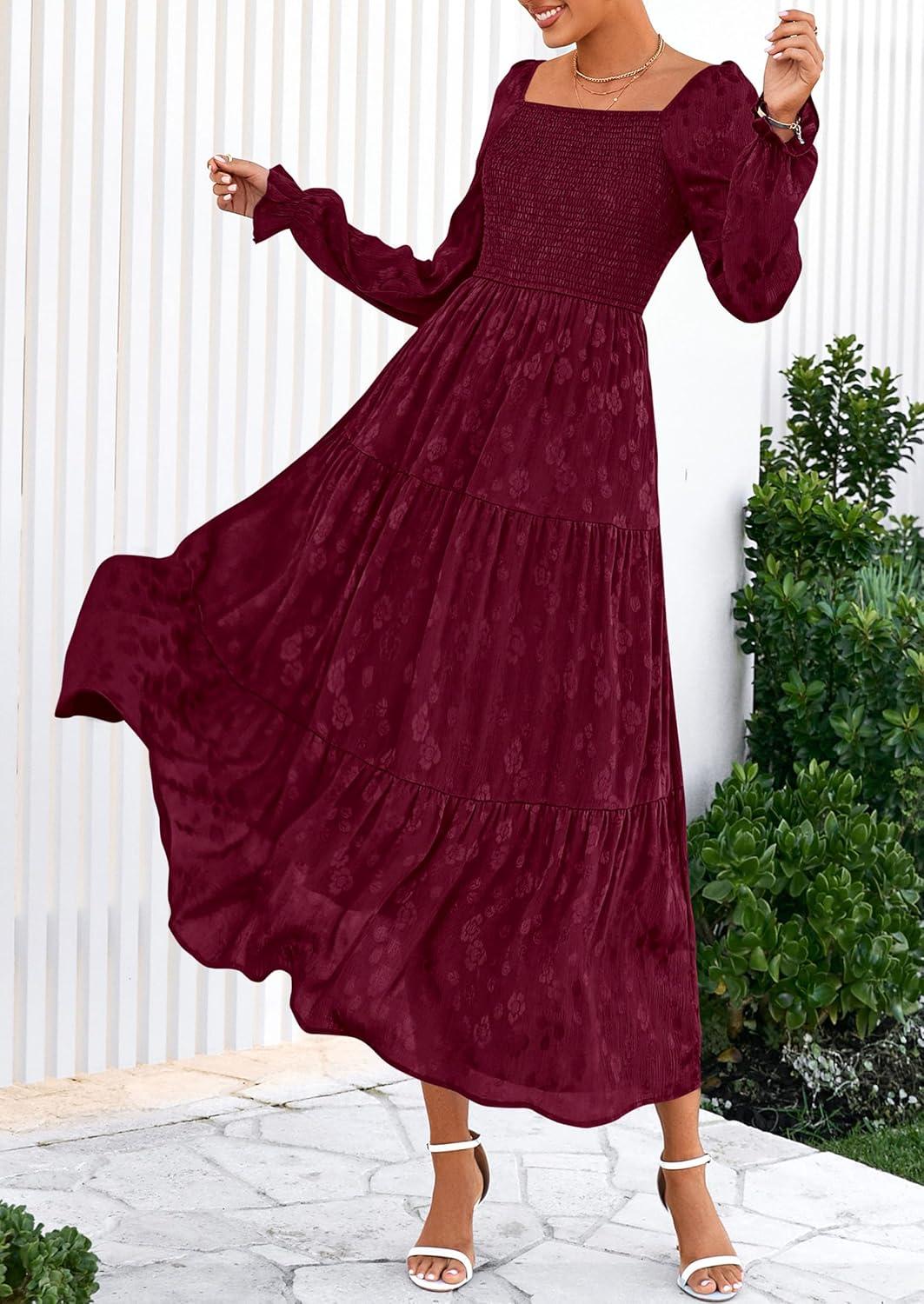 imagePRETTYGARDEN Wedding Guest Dresses for Women Floral Long Sleeve Smocked Tiered Elegant Long Flowy Boho DressBurgundy
