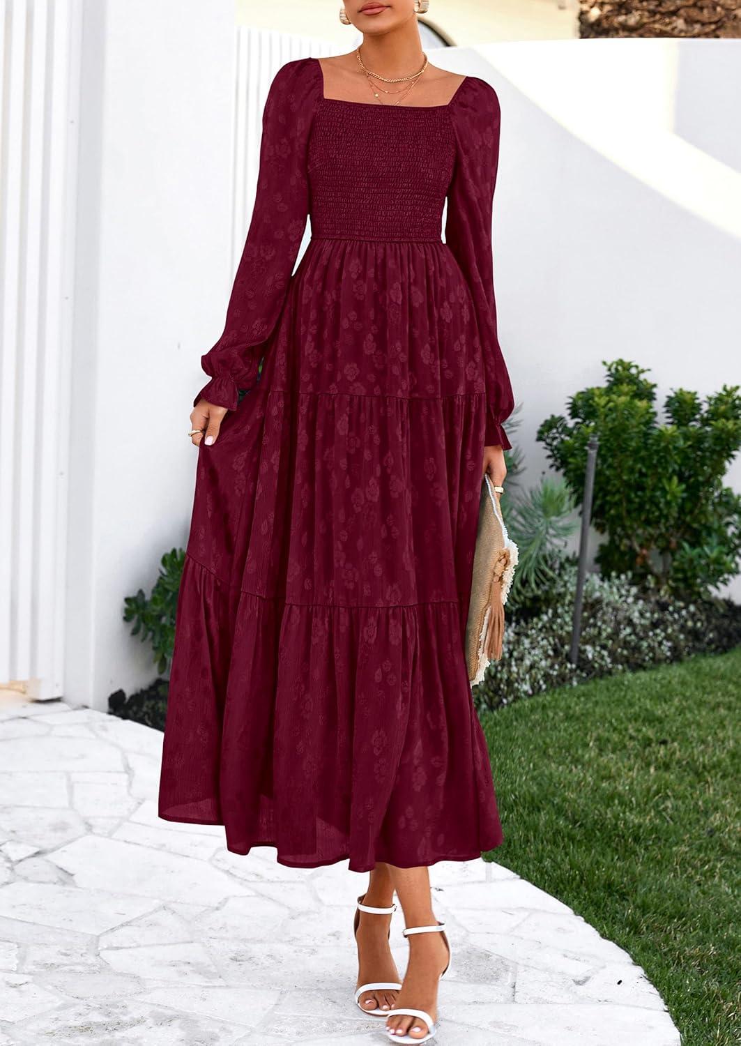 imagePRETTYGARDEN Wedding Guest Dresses for Women Floral Long Sleeve Smocked Tiered Elegant Long Flowy Boho DressBurgundy