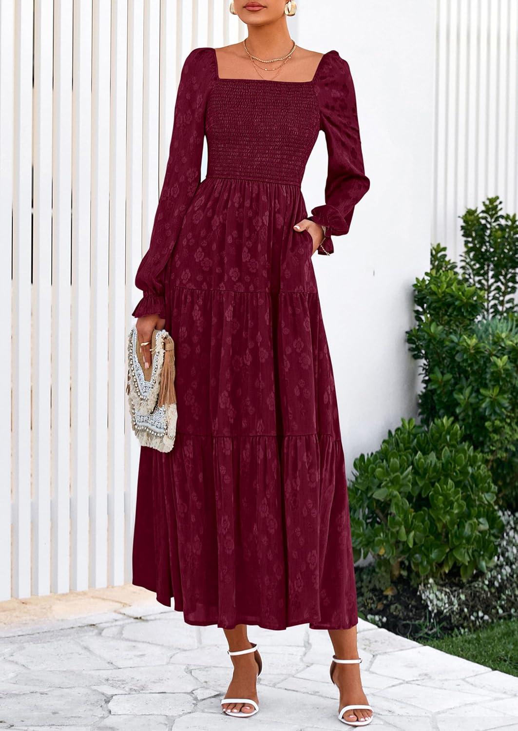 imagePRETTYGARDEN Wedding Guest Dresses for Women Floral Long Sleeve Smocked Tiered Elegant Long Flowy Boho DressBurgundy