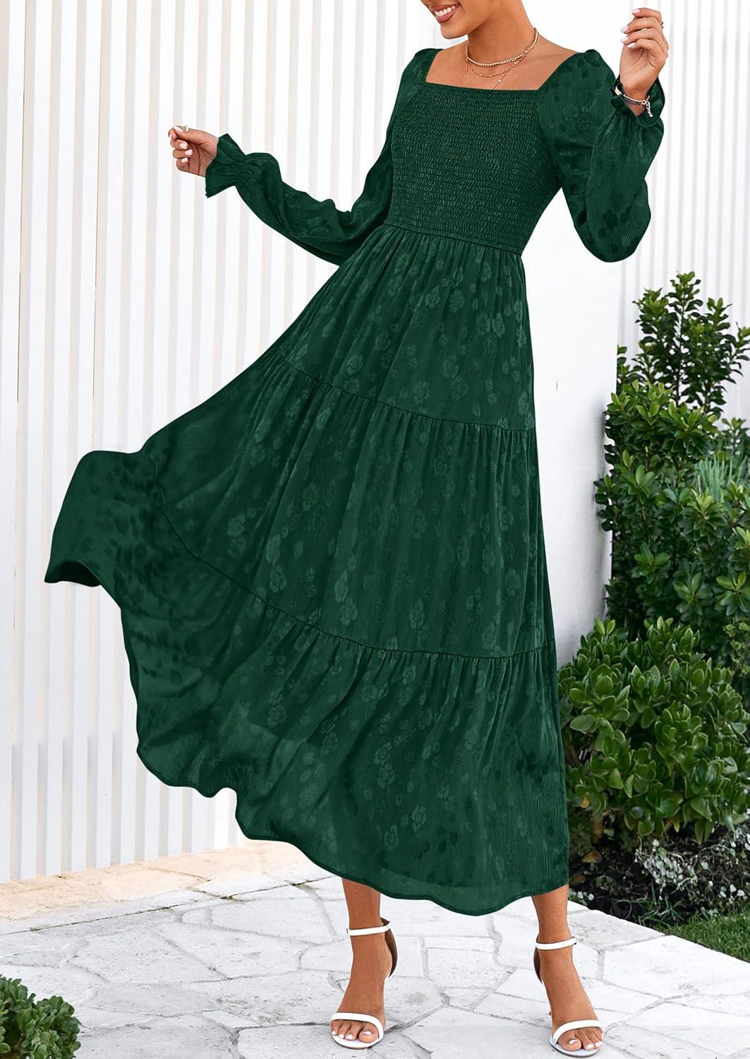 imagePRETTYGARDEN Wedding Guest Dresses for Women Floral Long Sleeve Smocked Tiered Elegant Long Flowy Boho DressDark Green
